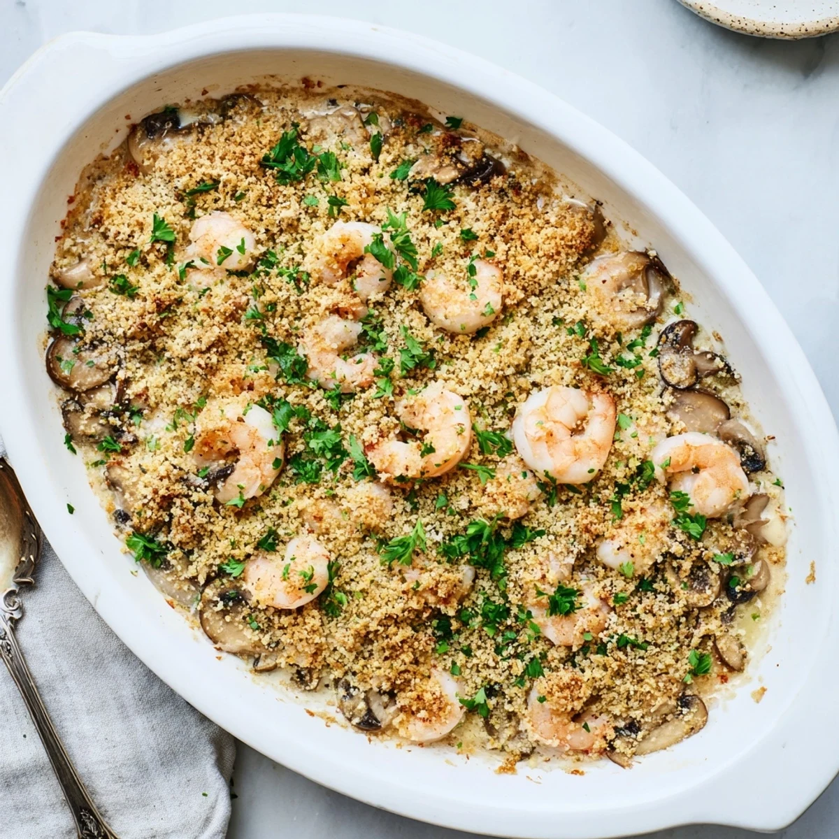 Golden baked shrimp mushroom casserole with crispy panko topping served in a white dish