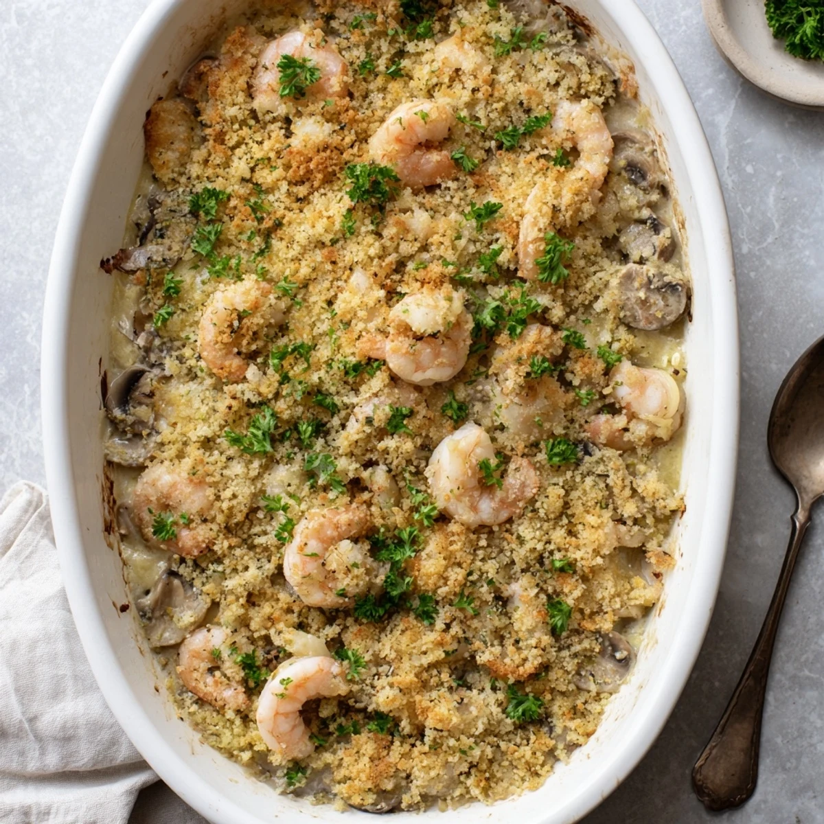Tender shrimp and earthy mushrooms in rich sauce topped with buttery panko crumbs
