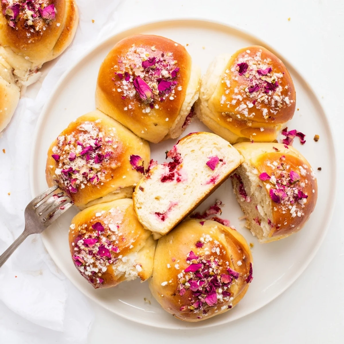 Golden raspberry and rose cheesecake buns topped with sugar and edible rose petals on a baking sheet
