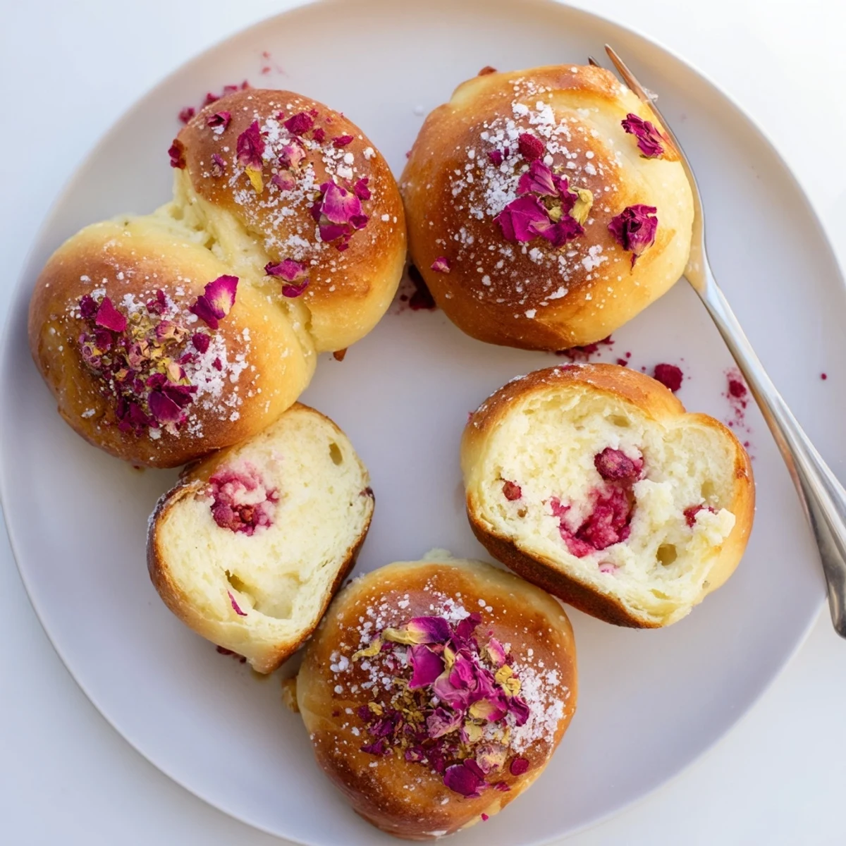 Soft rose-infused cheesecake buns stuffed with fresh raspberries ready for breakfast or teatime