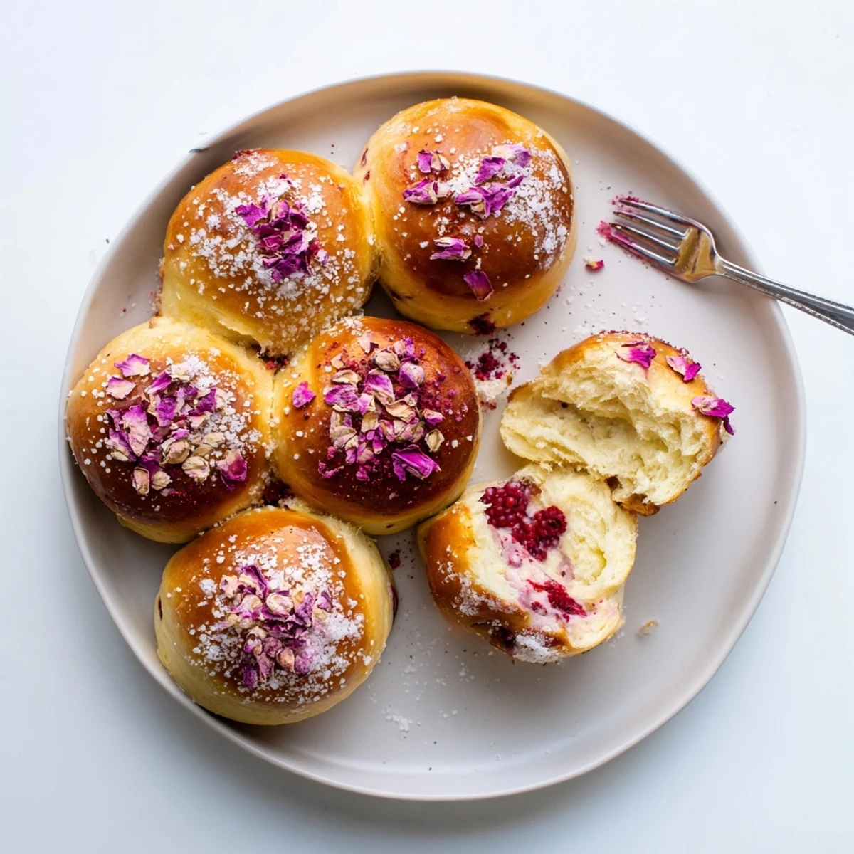 Freshly baked raspberry cheesecake buns with rosewater filling garnished with crushed dried raspberries