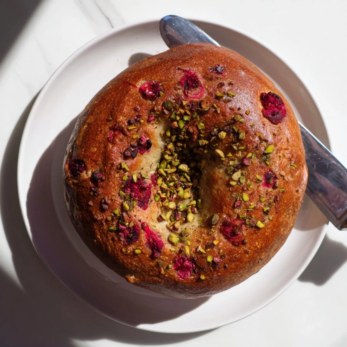 Chewy naturally leavened bagels studded with tart raspberries and roasted pistachios on a wooden board
