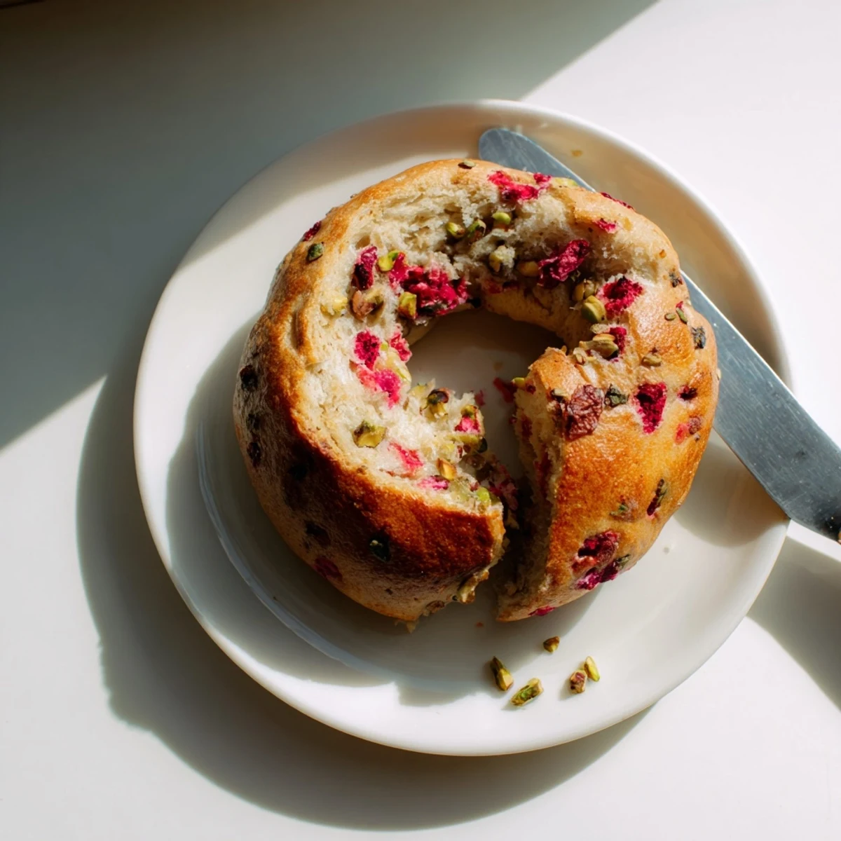 Freshly baked raspberry pistachio sourdough bagels with a glossy crust and colorful fruit and nut swirls