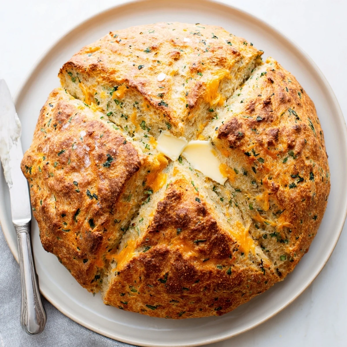 Golden brown cheddar and herb soda bread loaf with a deep cross-cut on top