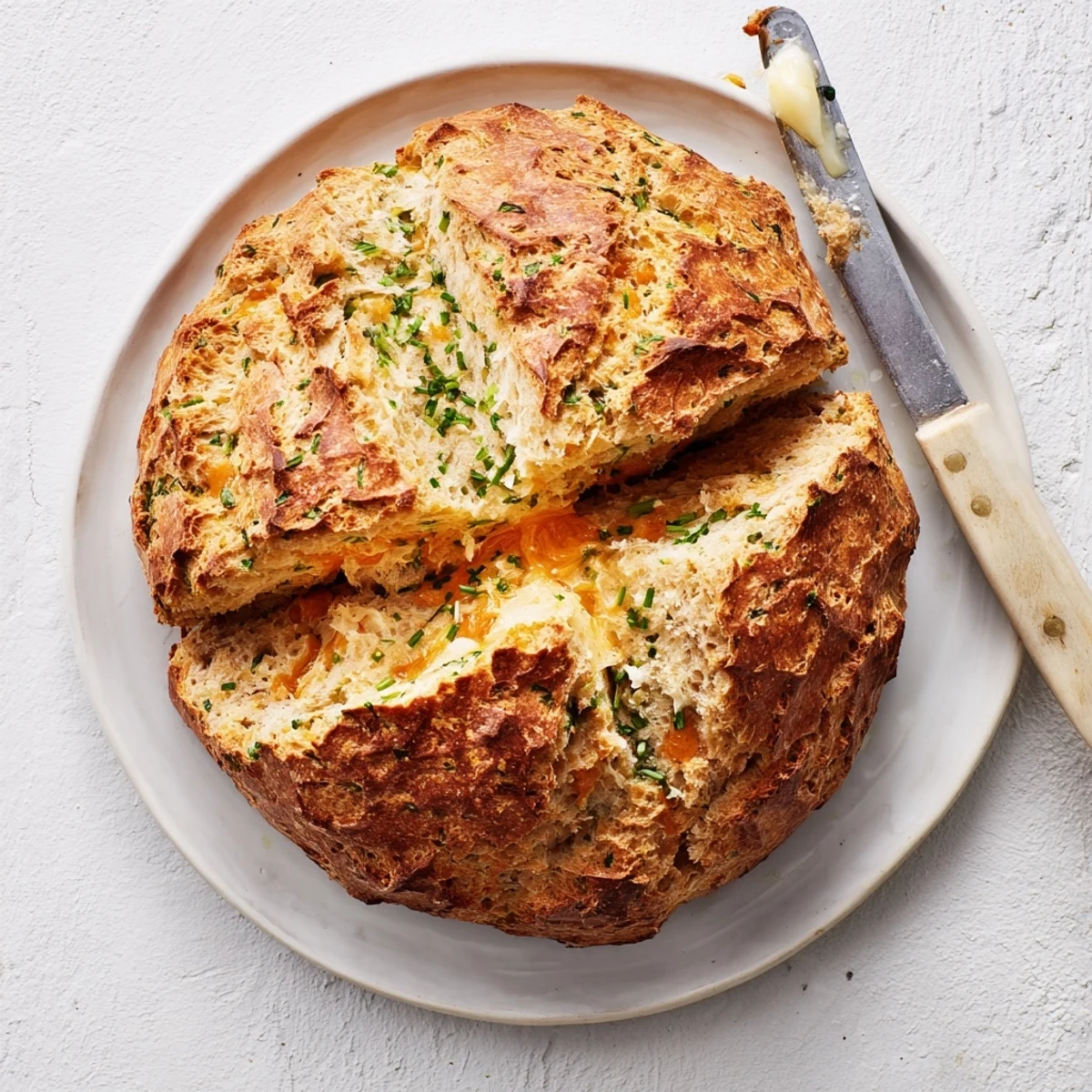 Warm rustic soda bread sliced open revealing melted cheddar and fresh green herbs