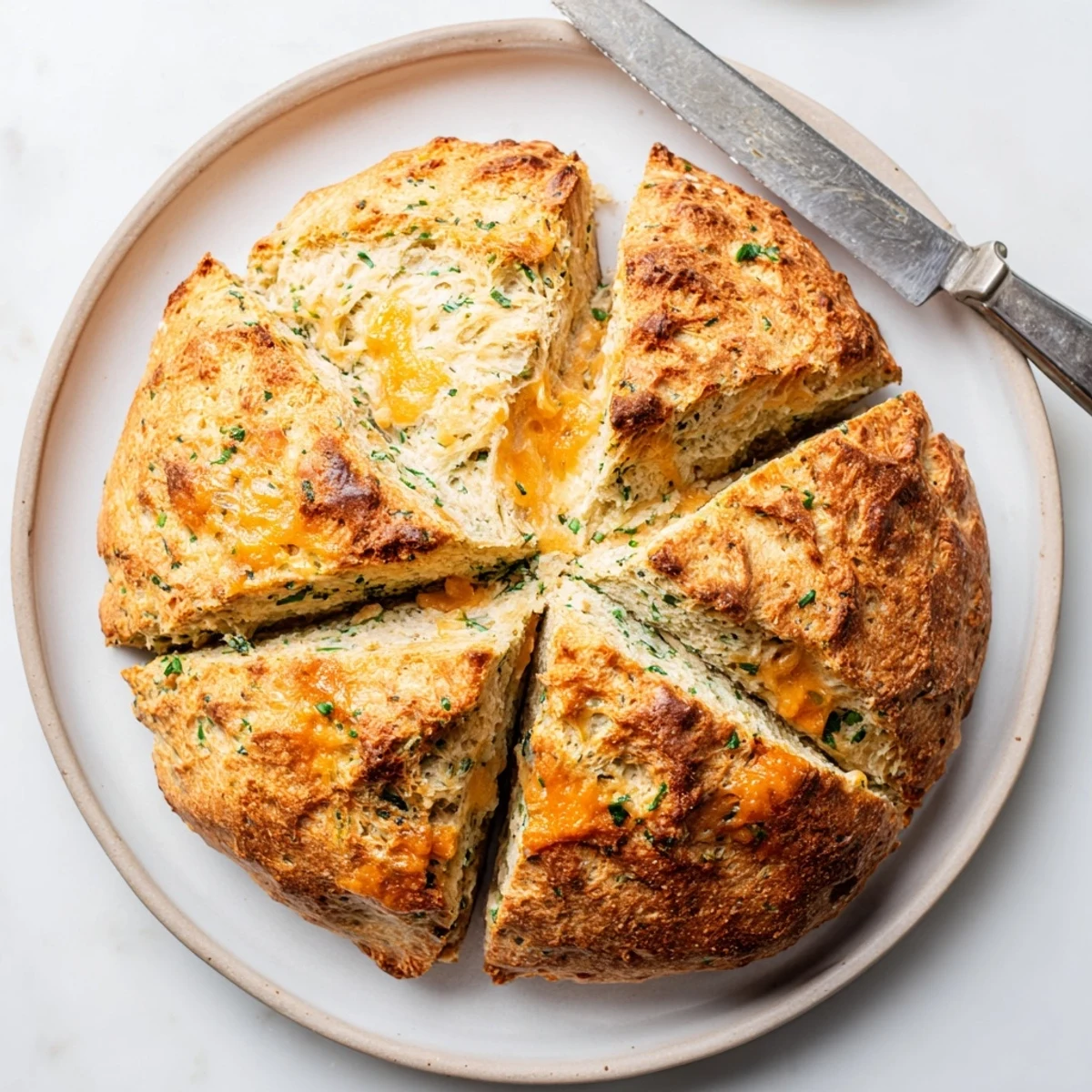 Whole grain soda bread with sharp cheddar chunks scattered throughout the golden crust