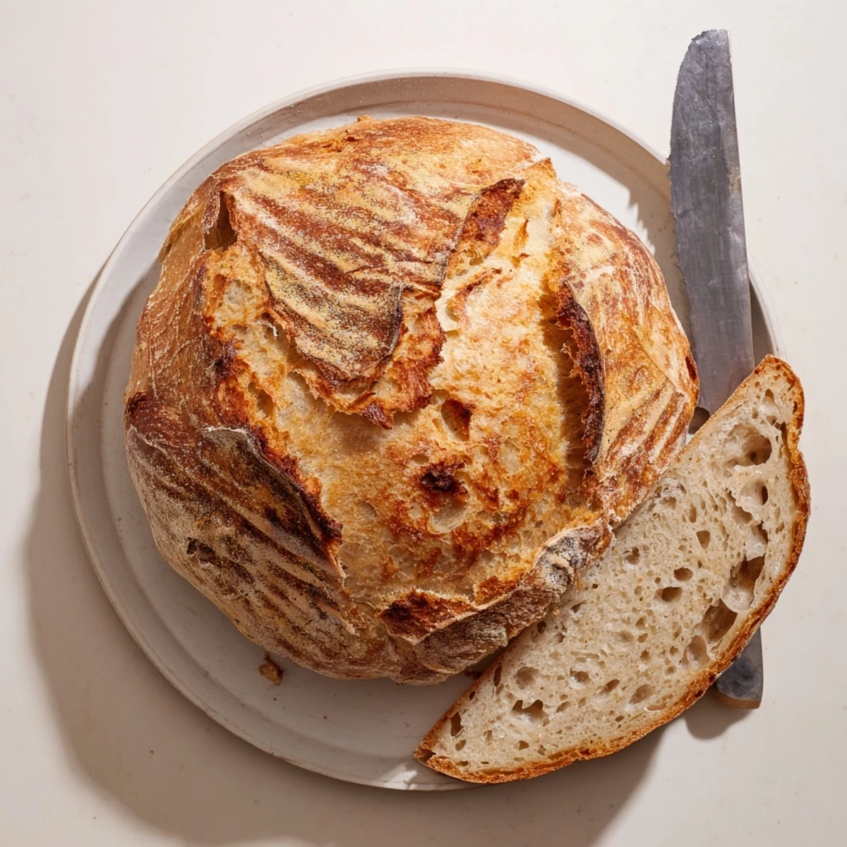 Freshly baked sourdough bread with open crumb structure and blistered crust surface