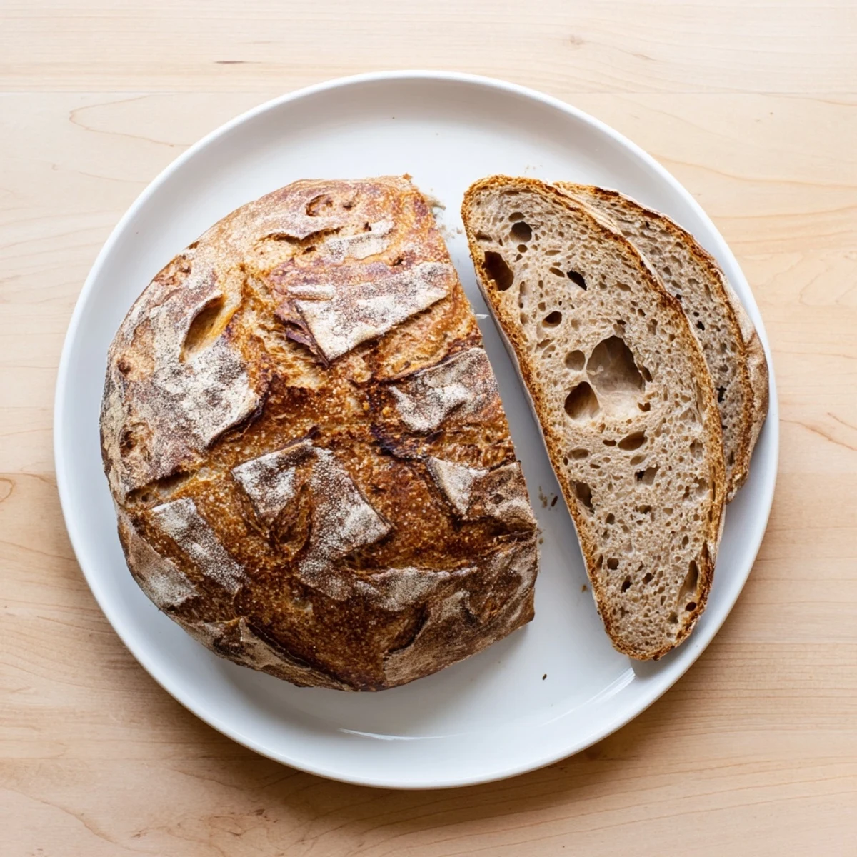 Golden brown artisan sourdough bread loaf with crackly crust on wooden board
