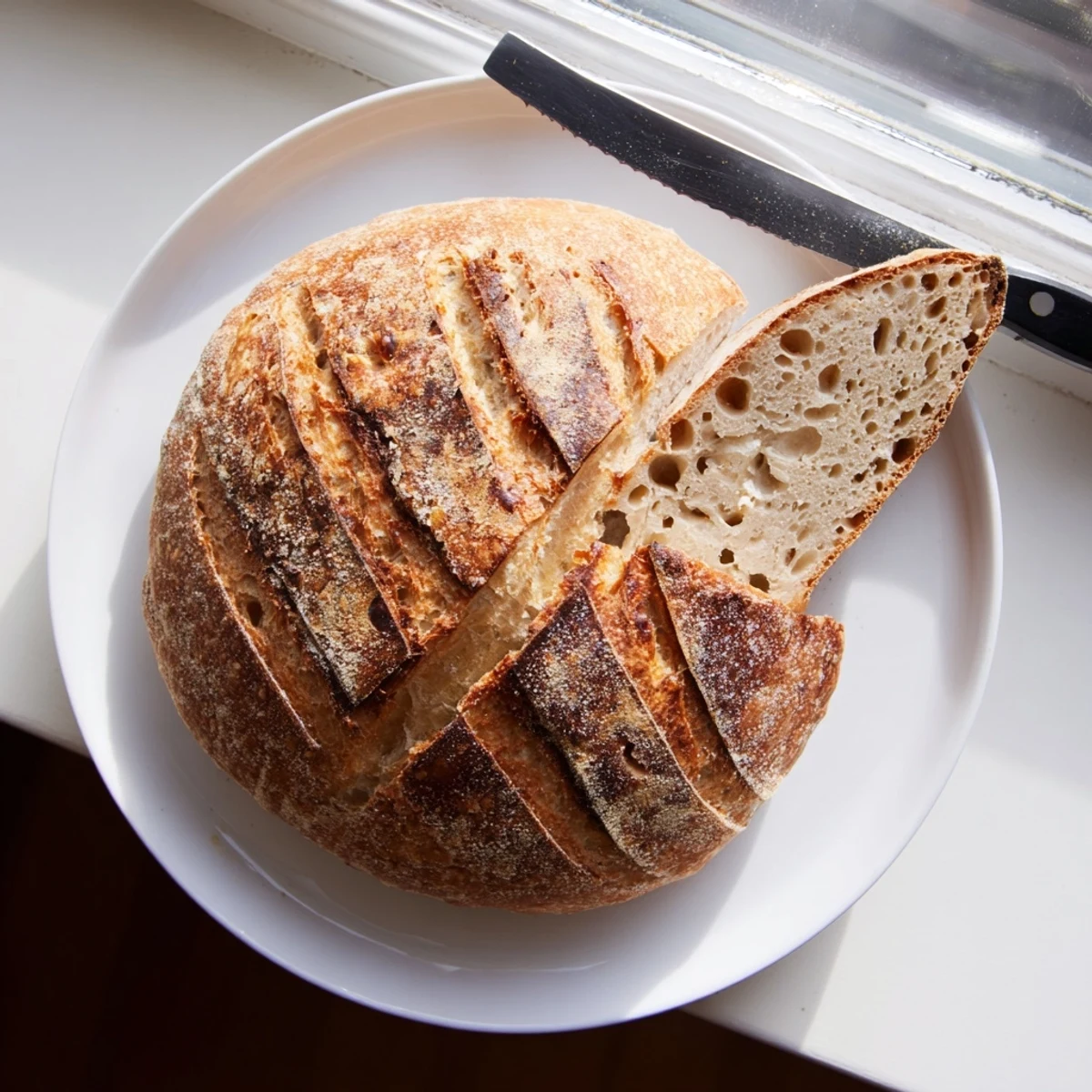 Rustic sourdough bread cooling on wire rack with deep golden scored top