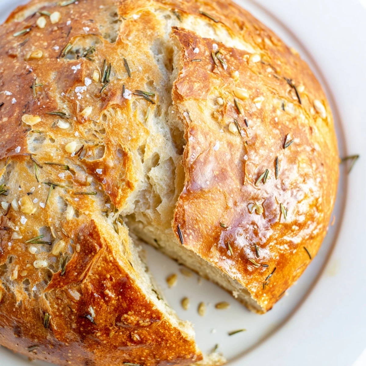 Golden brown Dutch oven garlic rosemary bread with a crispy crust and fresh rosemary garnish