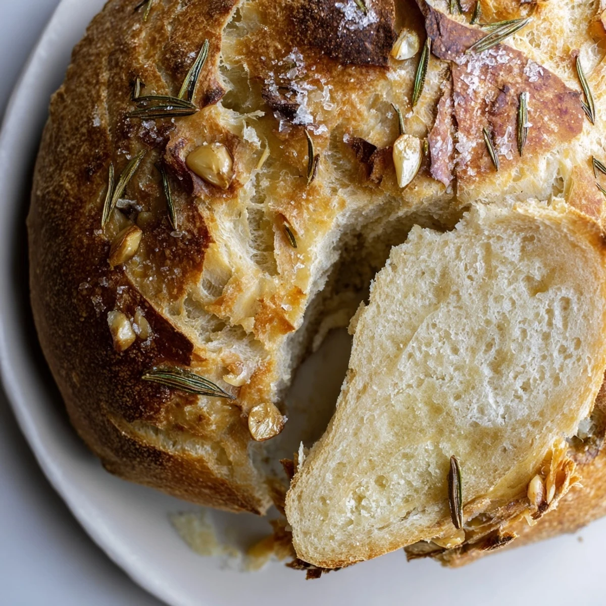 Sliced Dutch oven garlic rosemary bread on a wooden board with olive oil for dipping