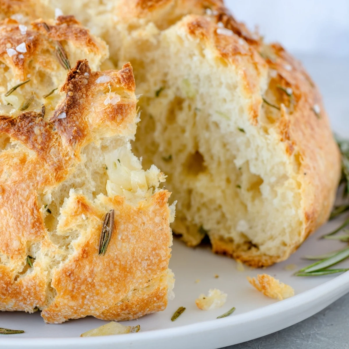 Rustic artisan loaf featuring roasted garlic and rosemary baked in a cast iron Dutch oven