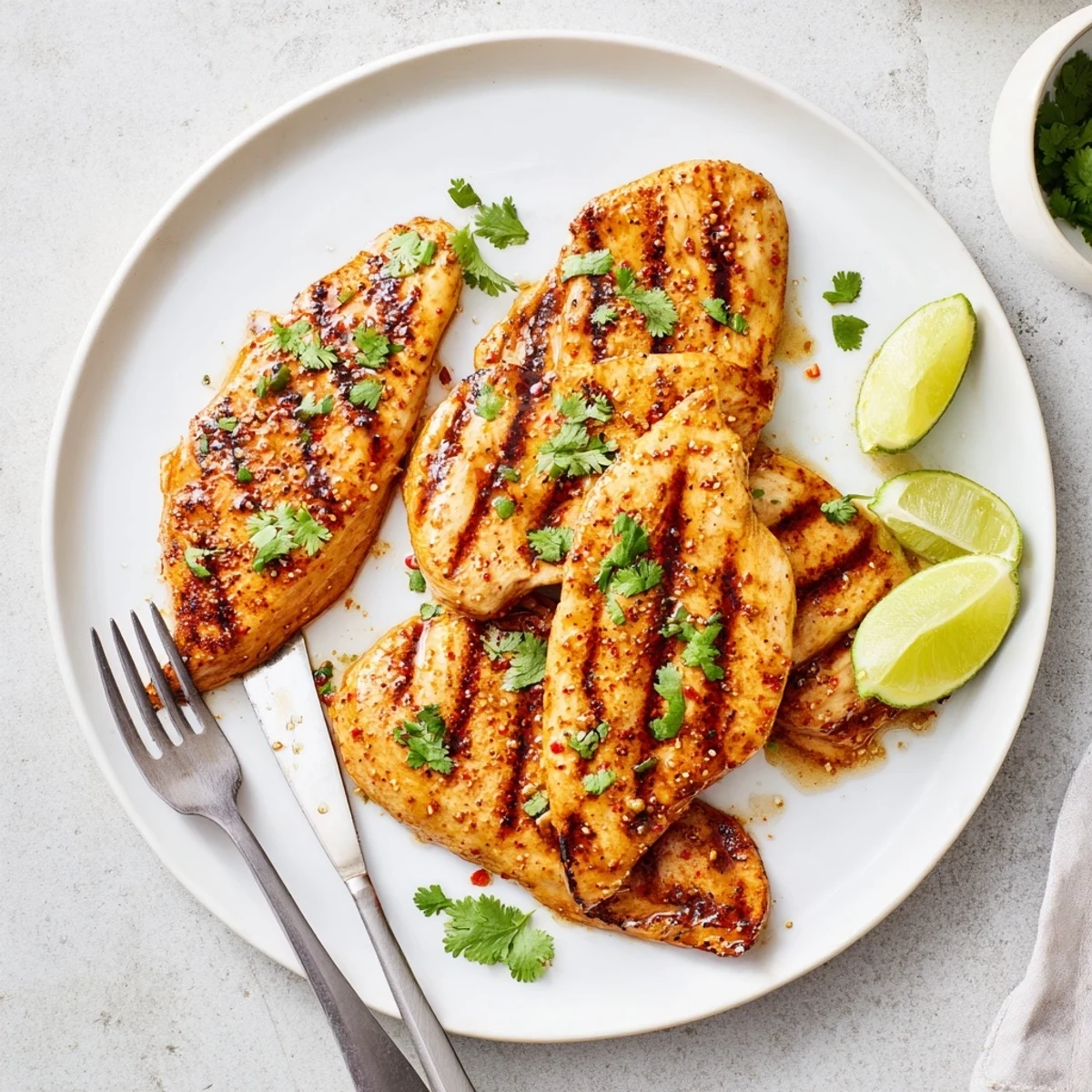 Golden grilled spicy honey lime chicken breasts garnished with fresh cilantro and lime wedges on a platter