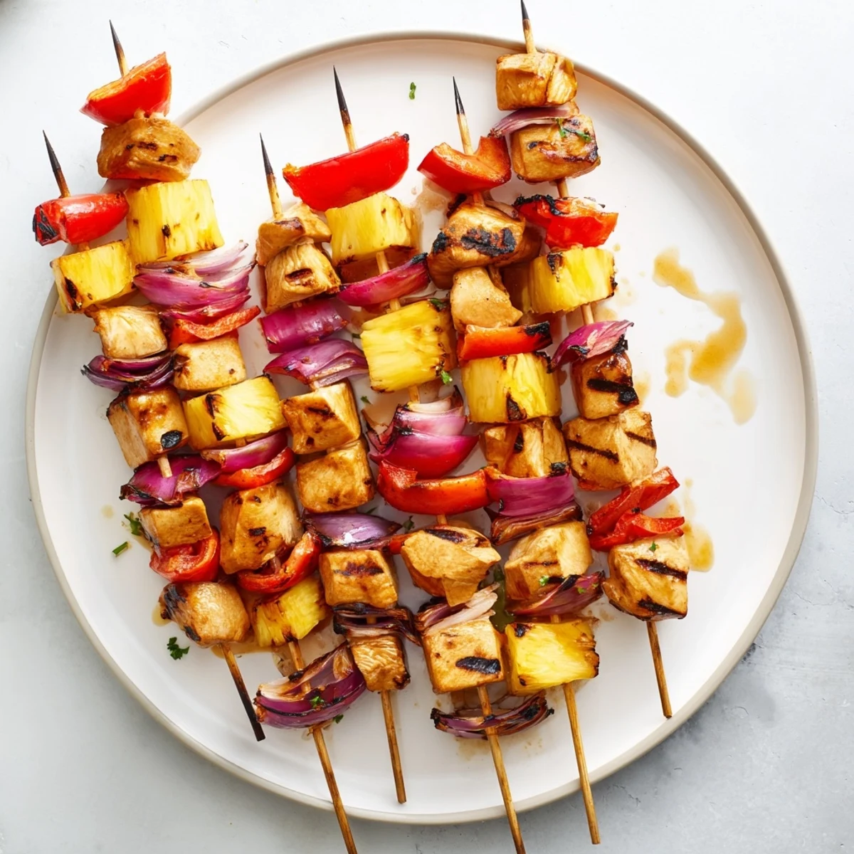 Golden grilled Hawaiian chicken kebabs threaded with colorful peppers and sweet pineapple chunks