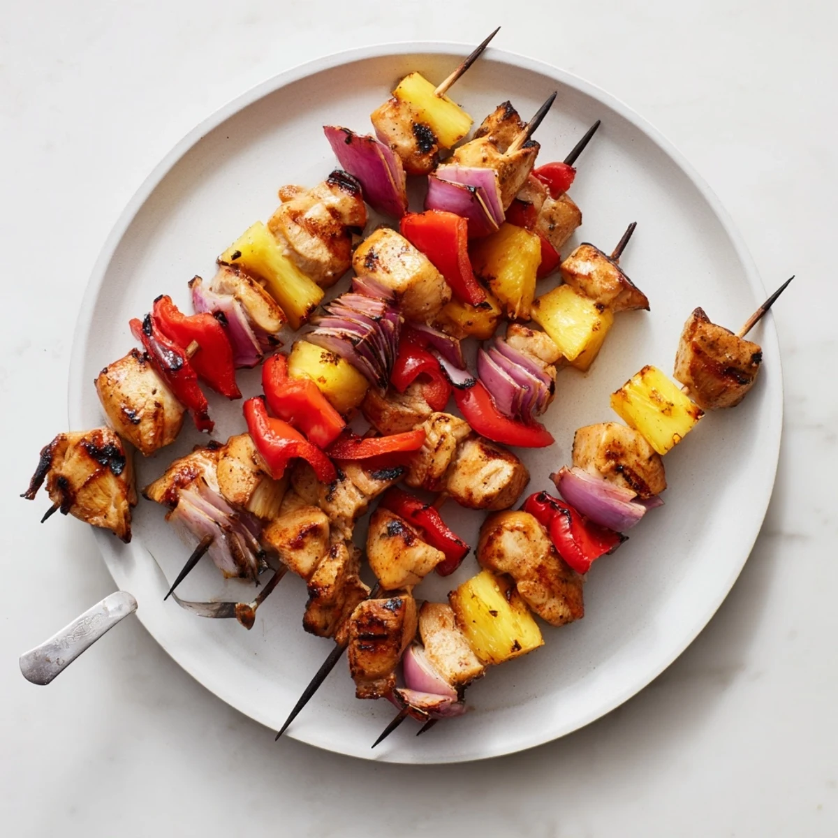 Succulent marinated chicken skewers charred to perfection alongside vibrant bell peppers and tropical pineapple