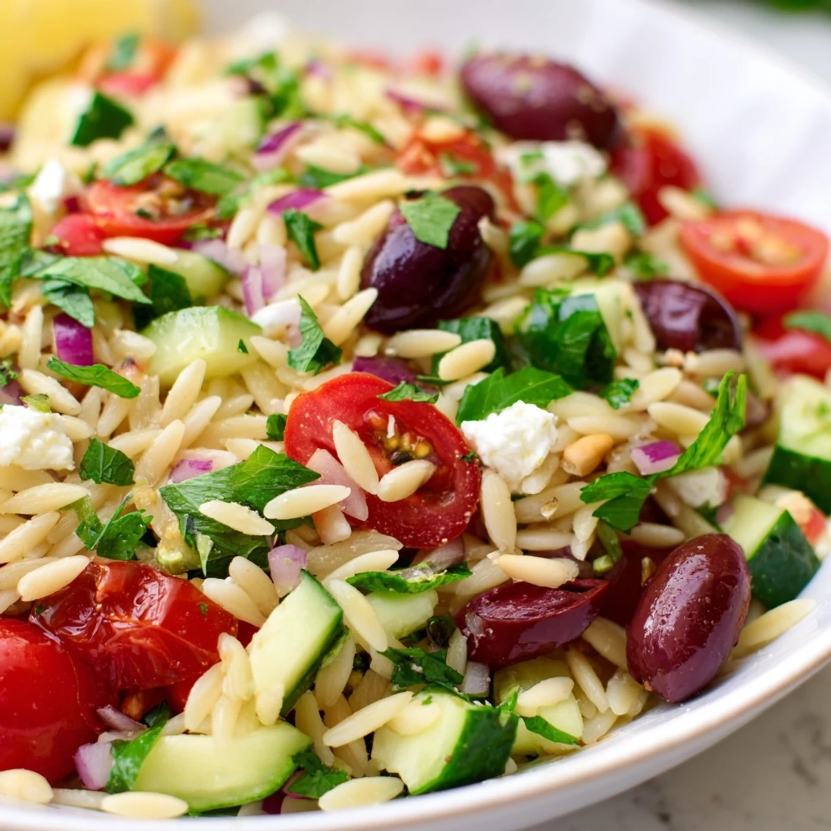 Colorful Mediterranean orzo power salad loaded with fresh vegetables, feta cheese, and pine nuts