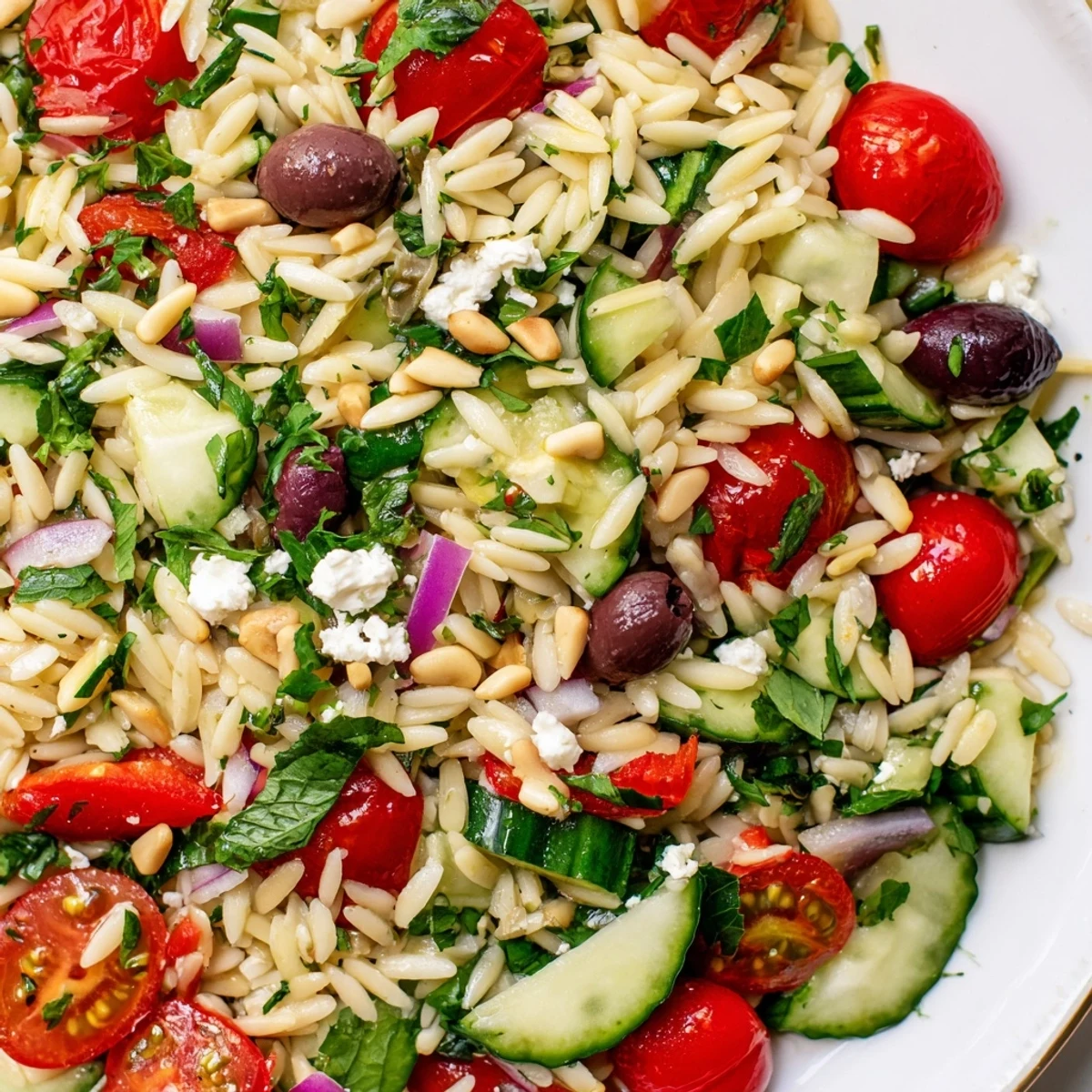 Vibrant orzo salad bowl featuring cherry tomatoes, cucumber, olives, and tangy lemon-oregano dressing