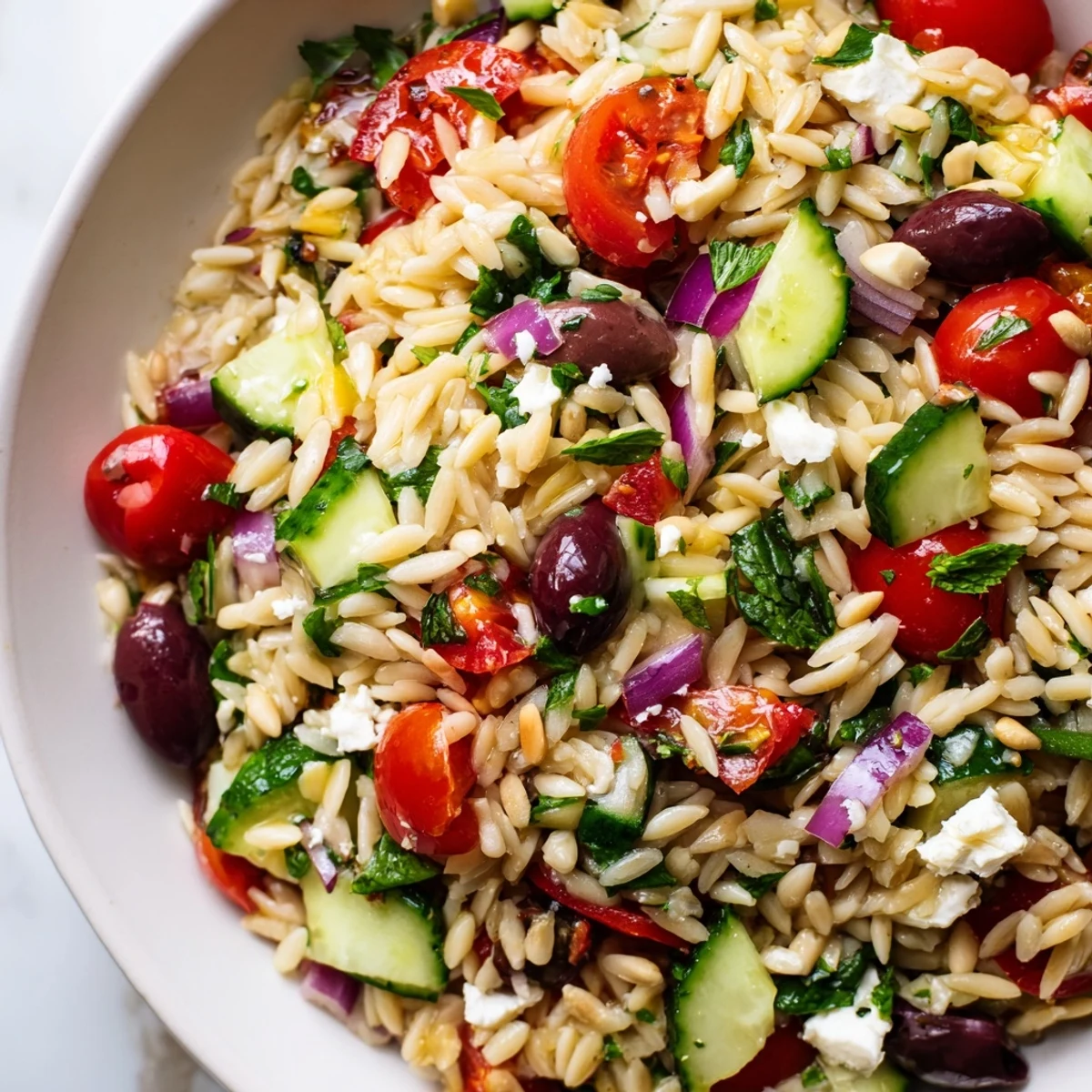 Hearty Mediterranean orzo power salad tossed with crisp veggies, crumbled feta, and fresh herbs