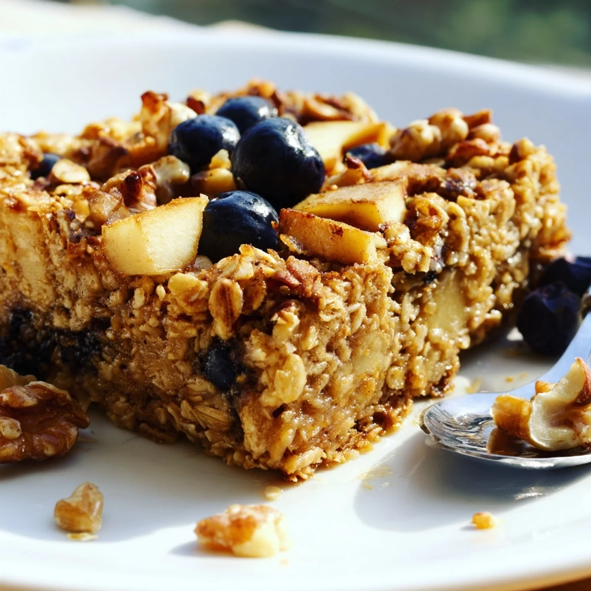 Golden baked oatmeal casserole topped with fresh blueberries and pecans in a square baking dish