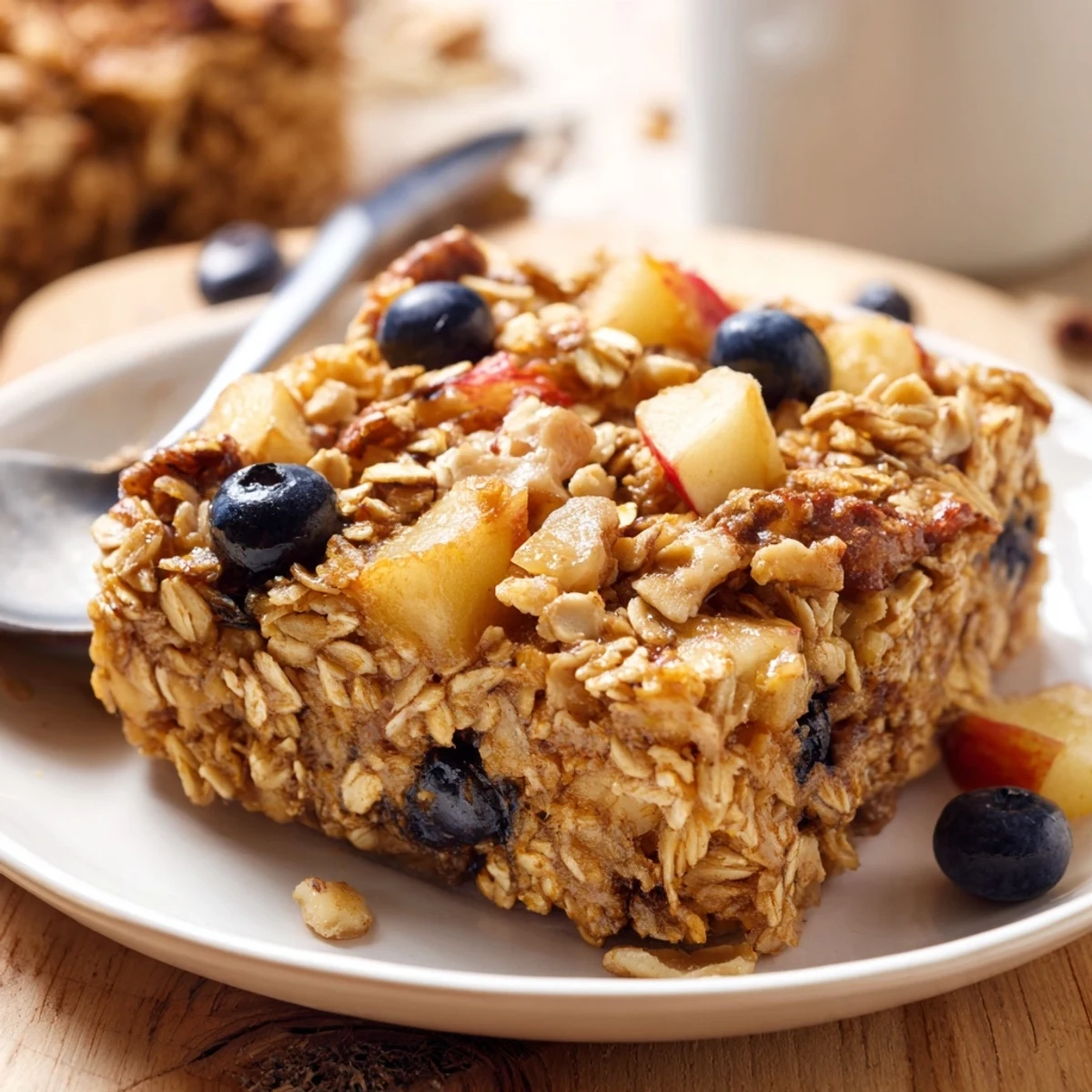 Homemade baked oatmeal with diced apples and walnuts ready for a cozy breakfast meal