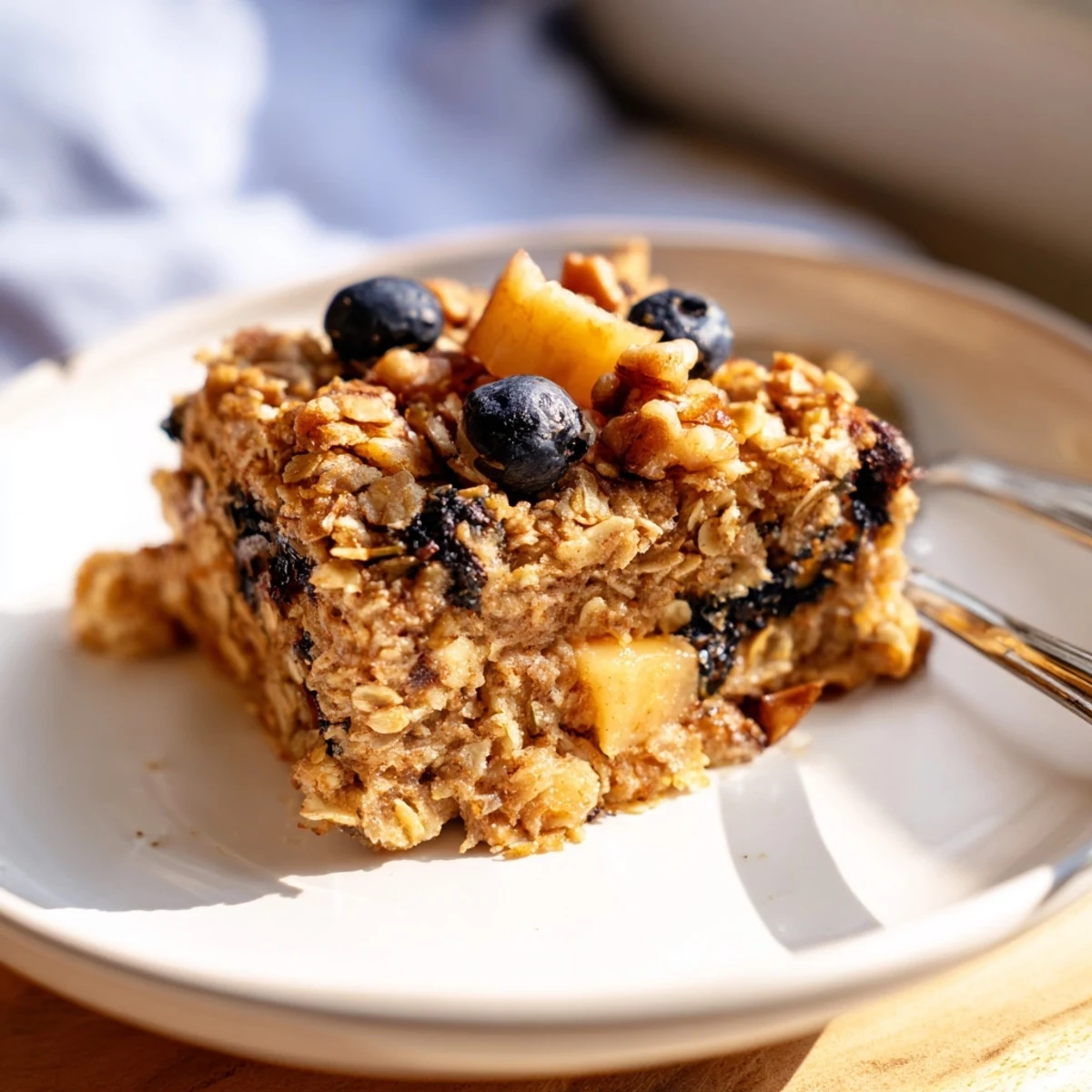 Warm and comforting baked oatmeal with sliced bananas and cinnamon served in a white bowl