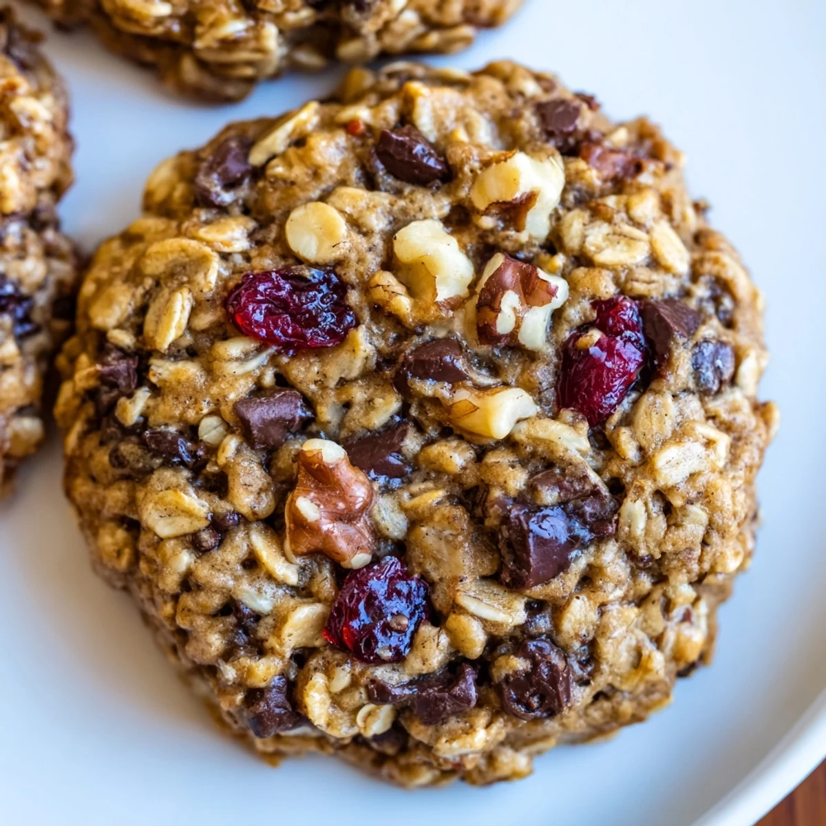 Golden healthy breakfast cookies studded with oats, walnuts, and dried cranberries on a baking sheet