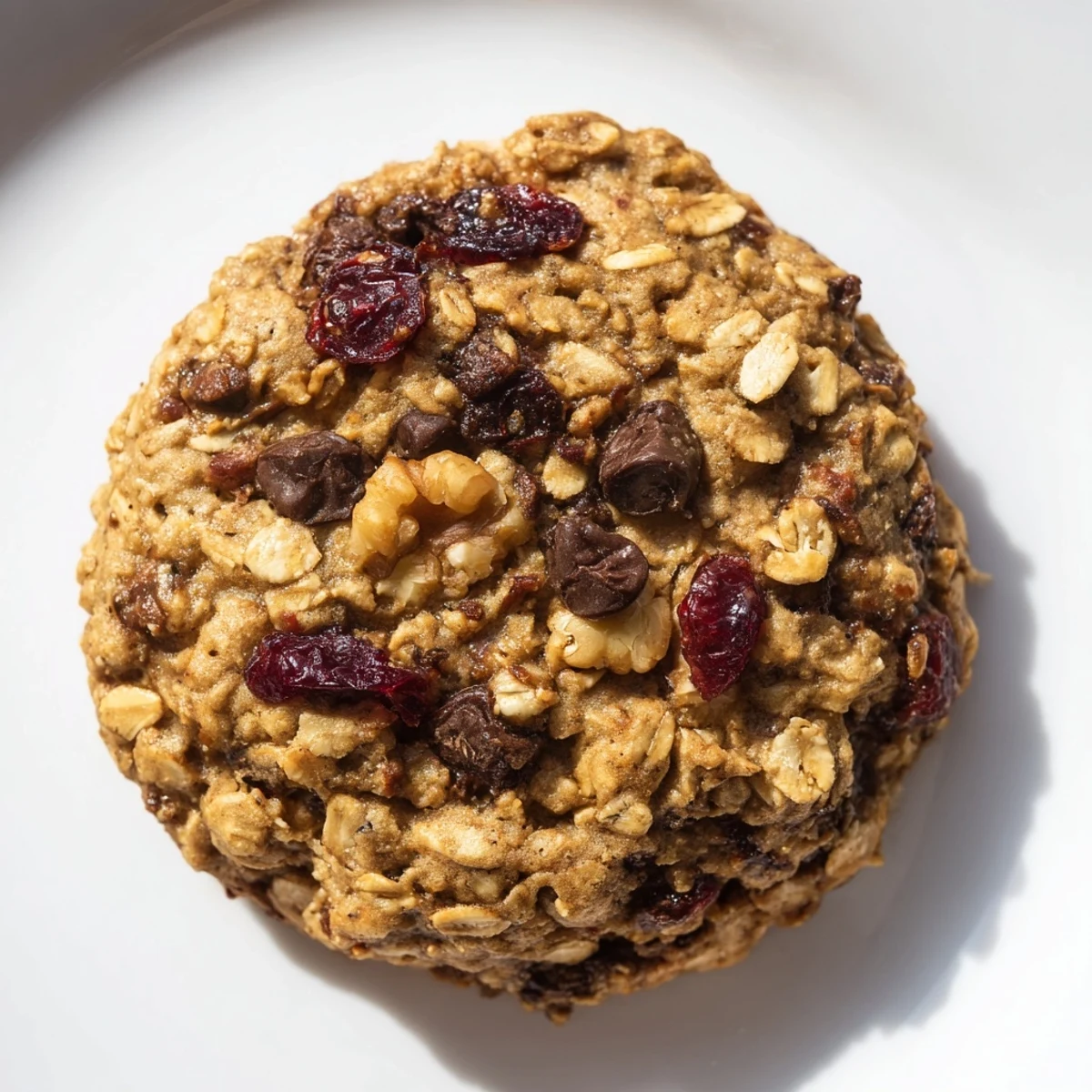 Chewy wholesome oatmeal breakfast cookies topped with dark chocolate chips and nuts, ready to grab