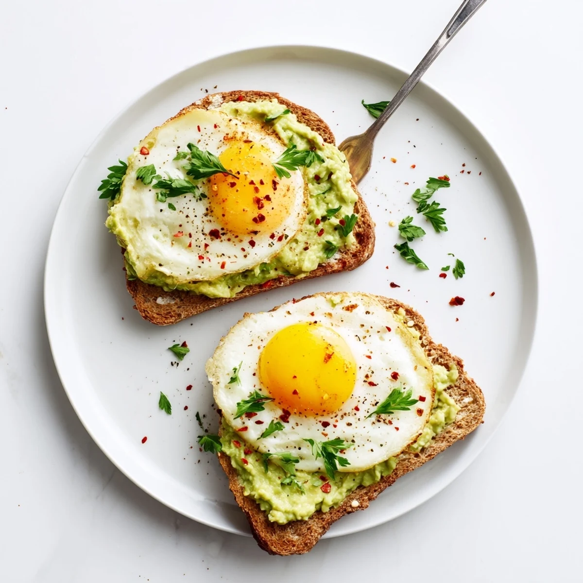 Golden brown toast topped with creamy mashed avocado and a perfectly fried egg