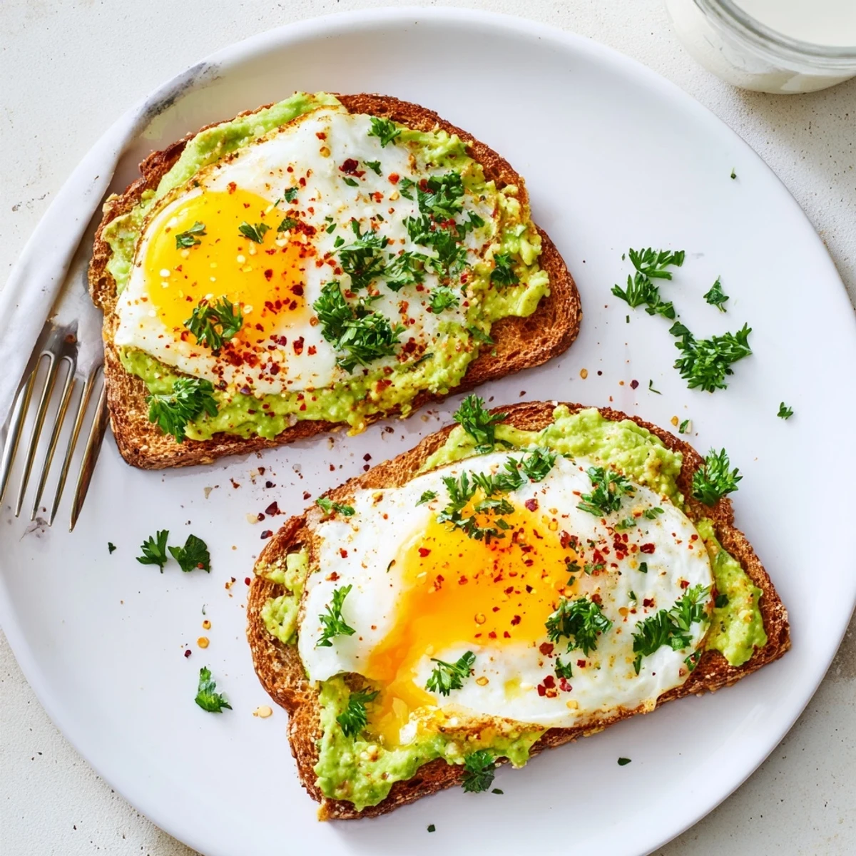 Simple avocado toast with egg featuring fresh herbs and red pepper flakes on sourdough