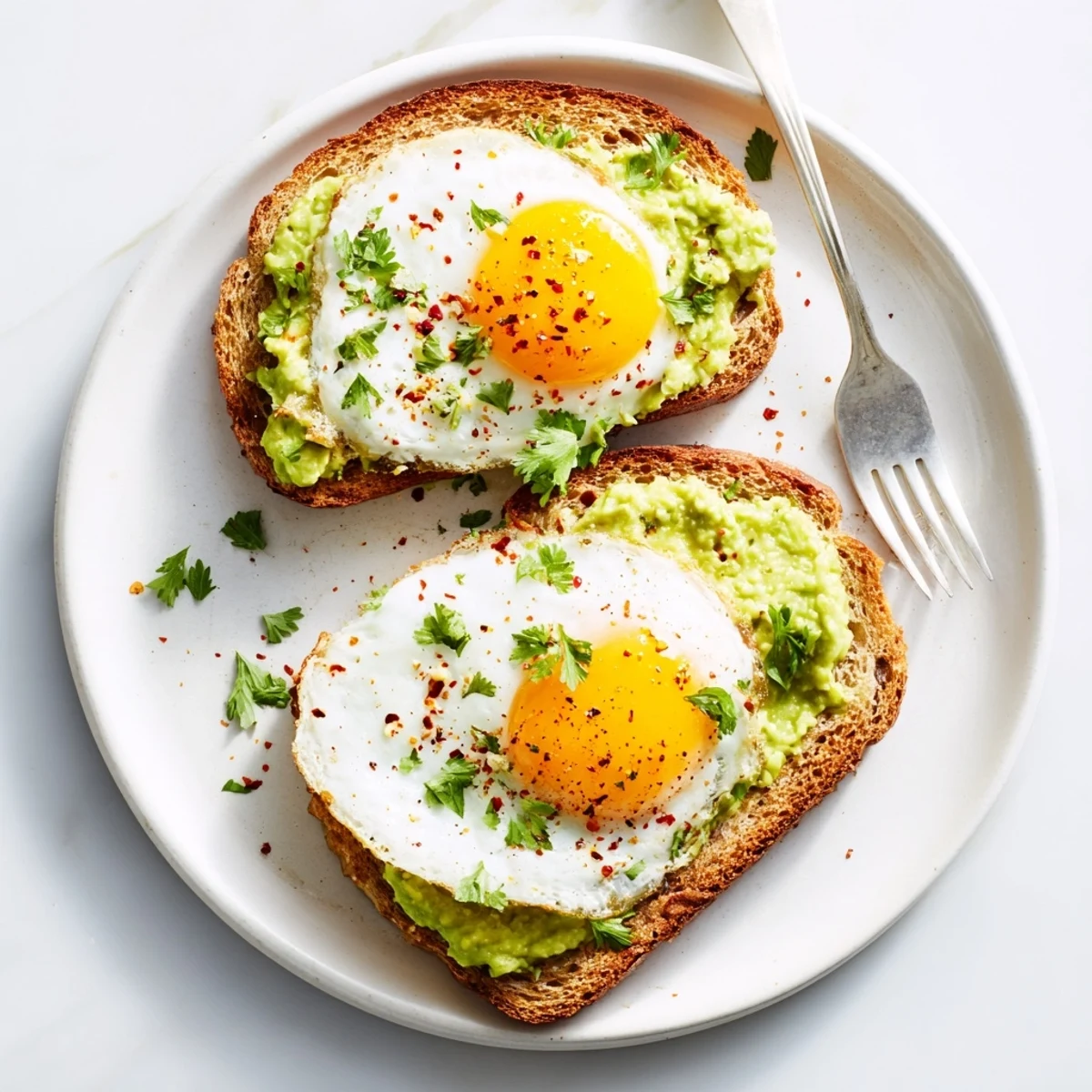 Plate of nutritious avocado toast with egg garnished with cherry tomatoes and parsley