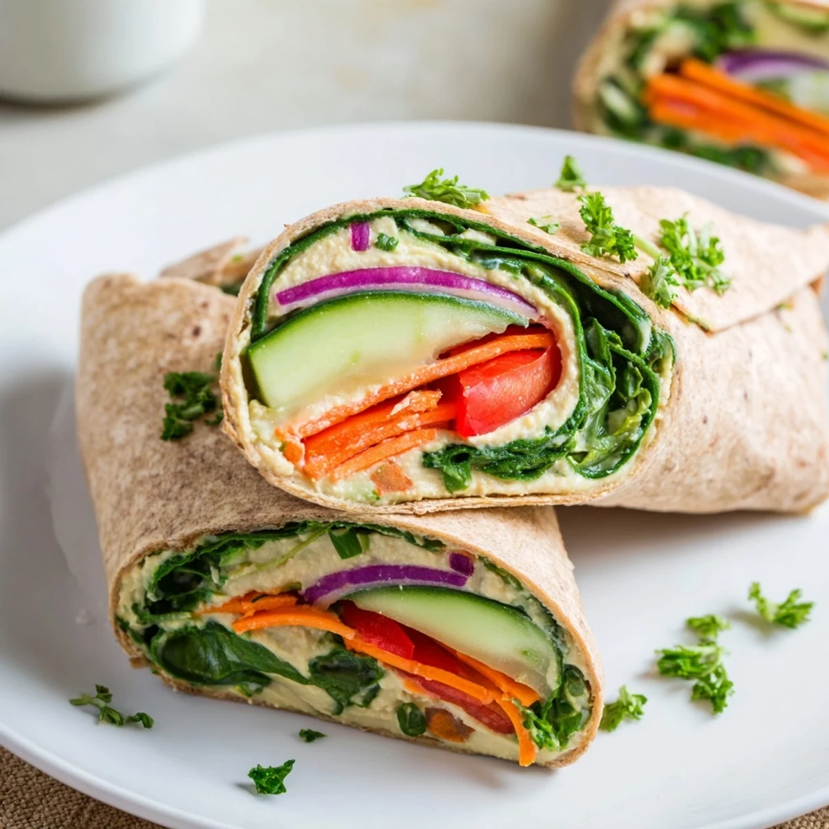 Golden brown whole wheat tortilla wrapped around creamy hummus and crisp colorful vegetables