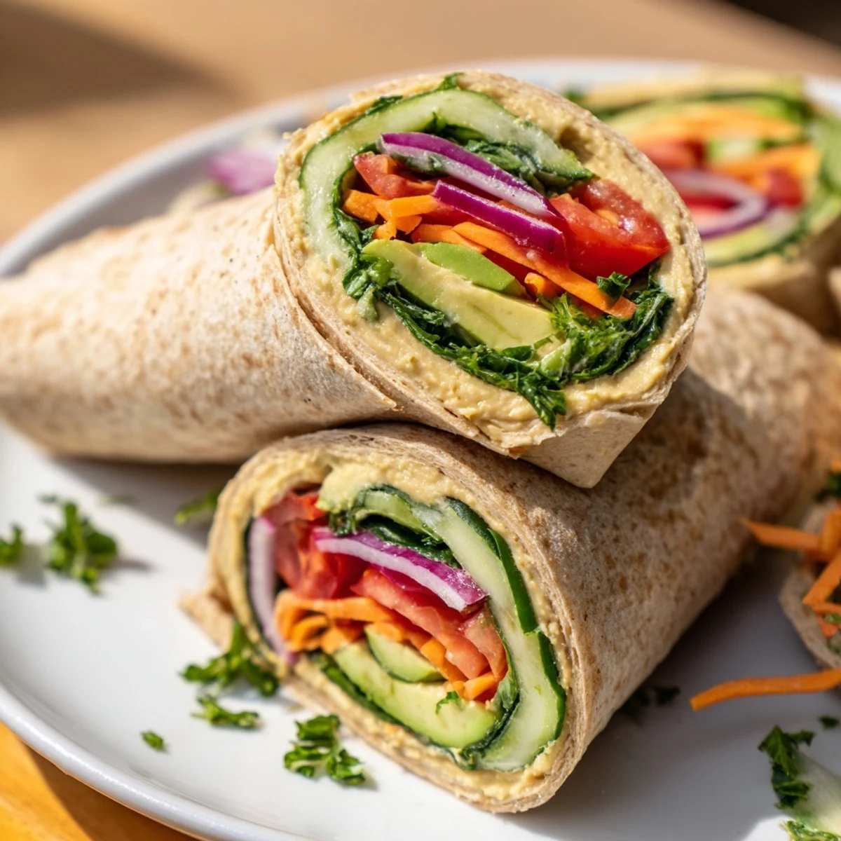 Cross-section of heavenly hummus wrap revealing layers of fresh spinach cucumber and bell pepper