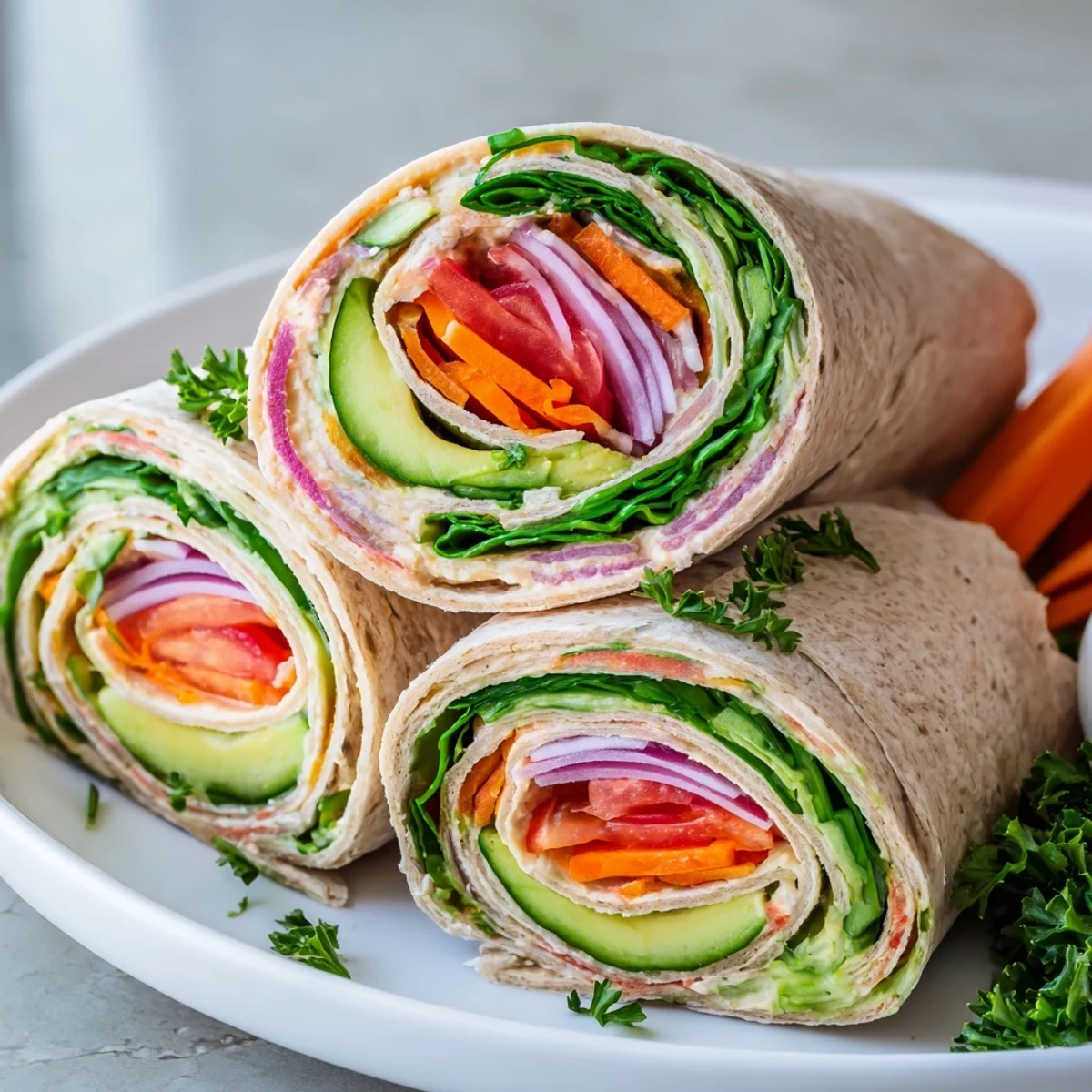 Mediterranean-style wrap sliced diagonally displaying tender greens red onion and smooth hummus spread