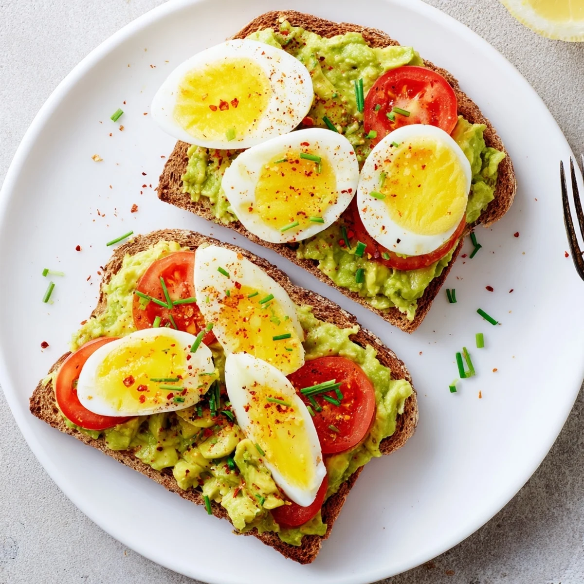 Plated avocado toast with tomato and hard boiled egg recipe featuring sliced eggs, fresh tomatoes and creamy spread