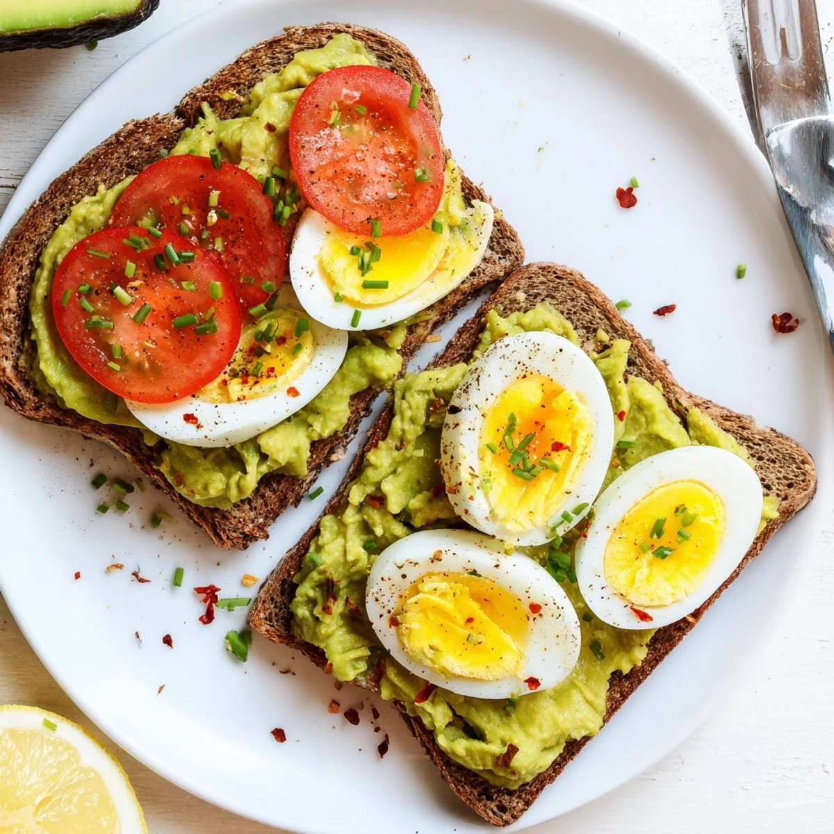 Golden brown toast piled high with smashed avocado, juicy tomato slices and perfectly boiled egg wedges