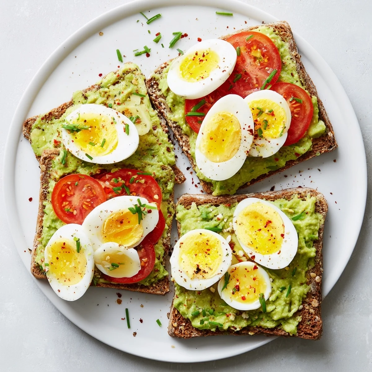 American breakfast avocado toast with tomato and hard boiled egg recipe garnished with herbs and red pepper flakes