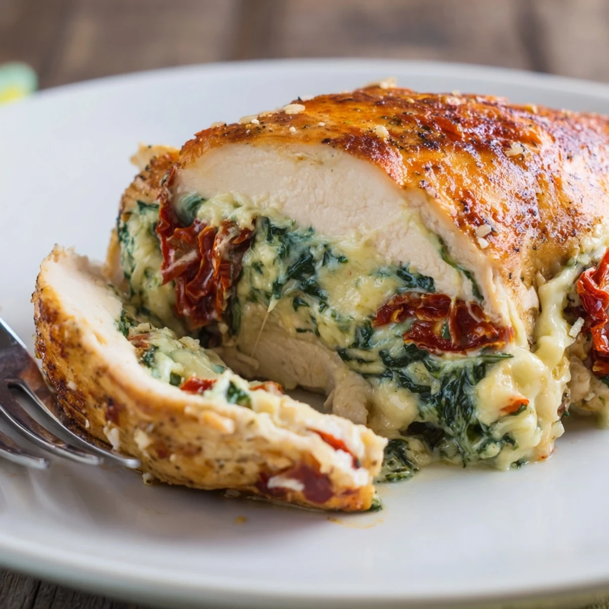 Cheesy Spinach Stuffed Chicken Sun Dried Tomato Flavor plated with lemony roasted potatoes