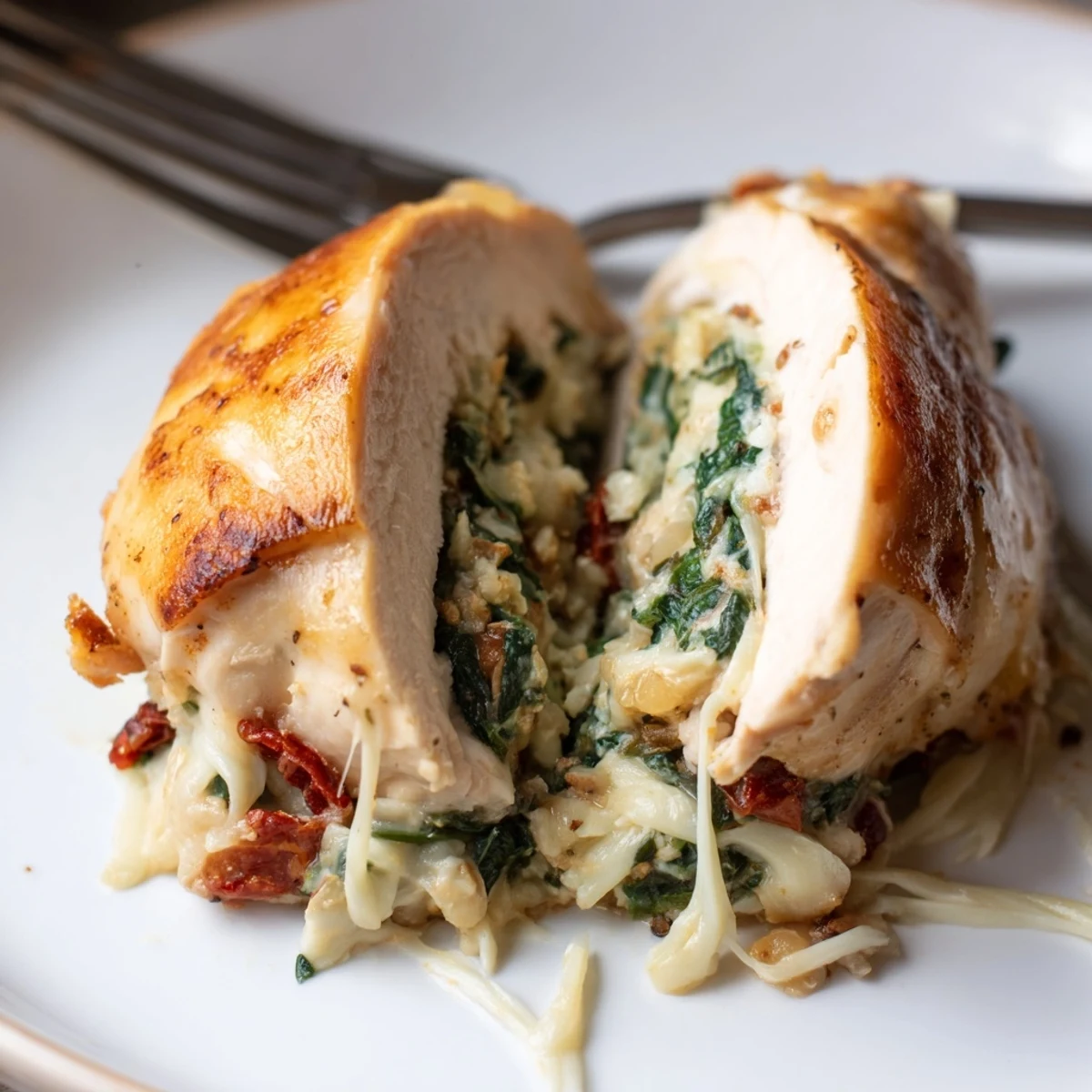 Oven-baked Cheesy Spinach Stuffed Chicken Sun Dried Tomato Flavor, golden crust and herbs
