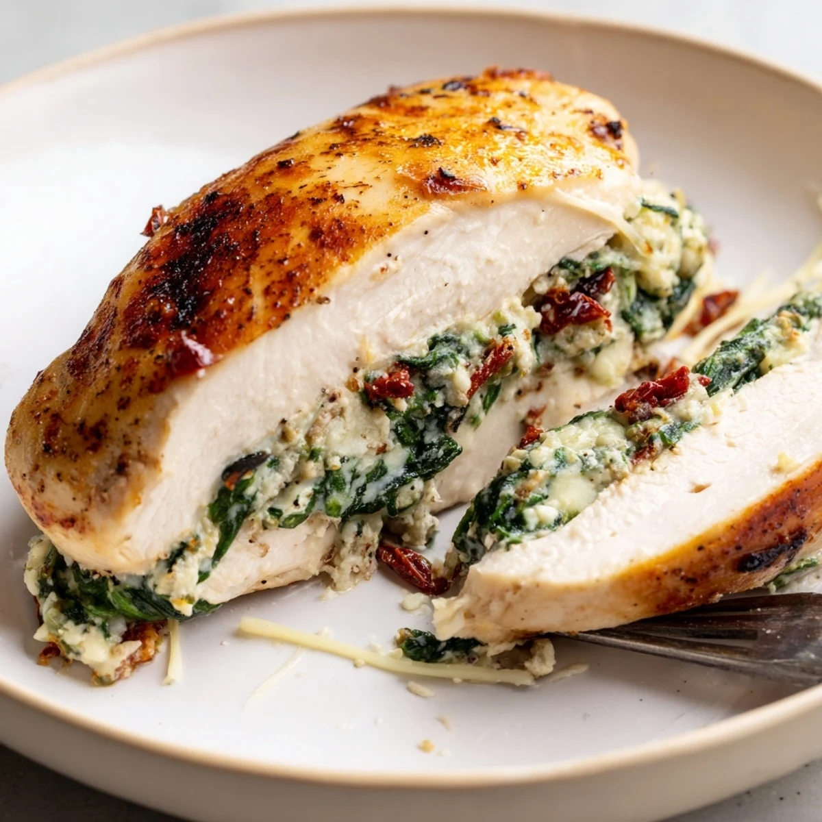 Pan-seared Cheesy Spinach Stuffed Chicken Sun Dried Tomato Flavor, oozing melted mozzarella