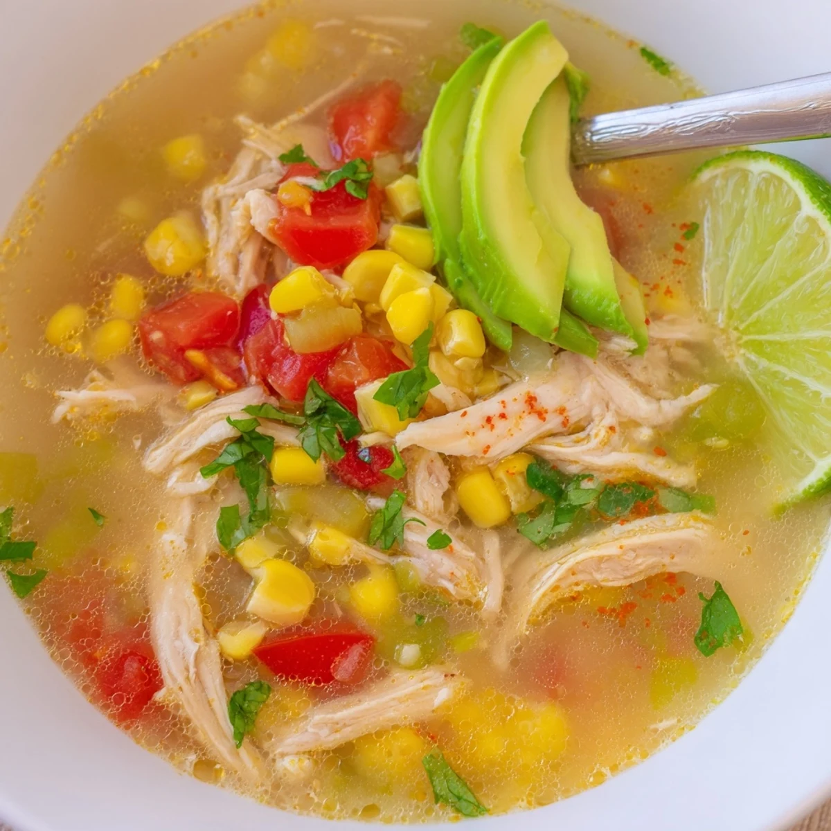 Steaming bowl of Bold Zesty Chicken Lime Soup Recipe with cilantro and avocado