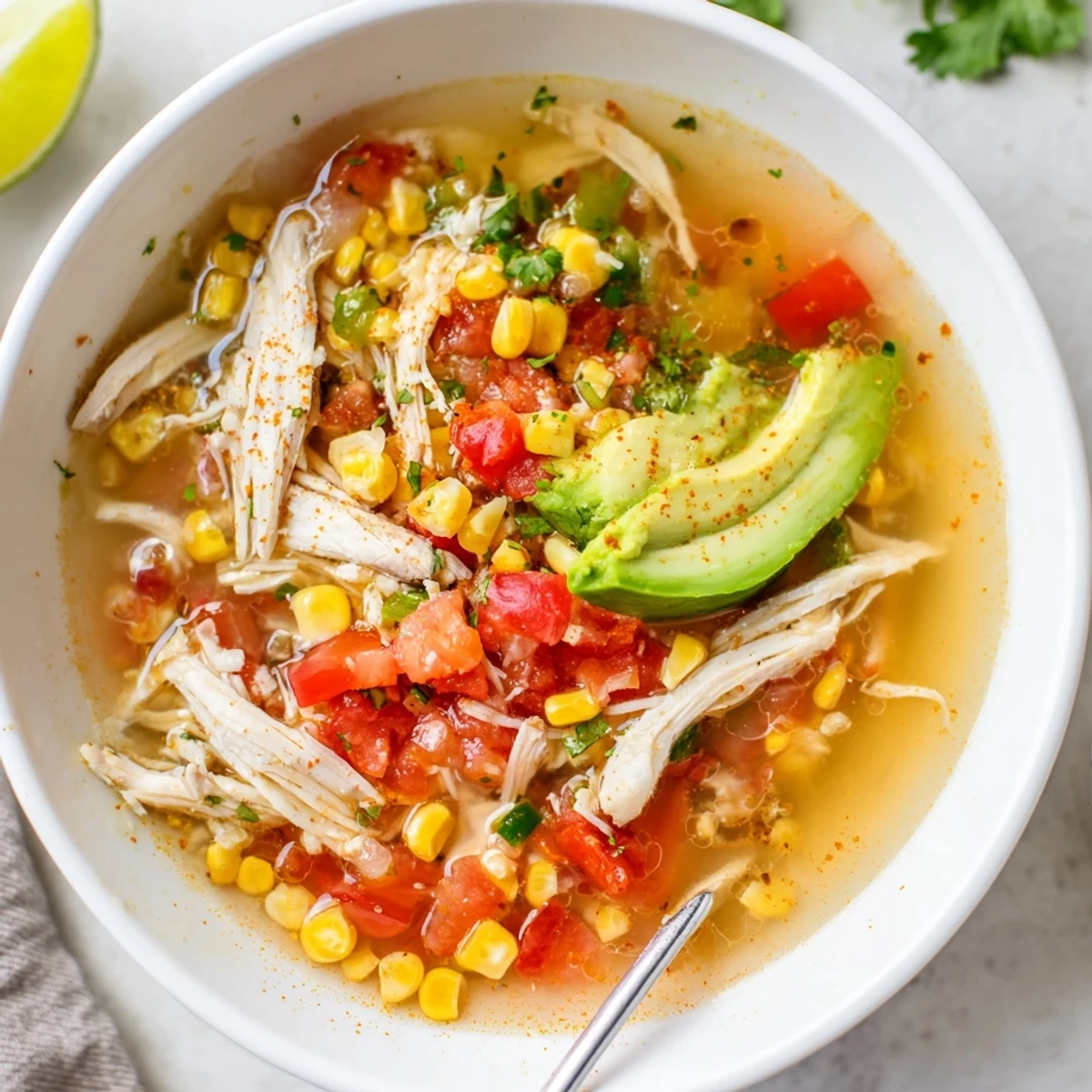 Bright, tangy Bold Zesty Chicken Lime Soup Recipe simmering with corn and jalapeño