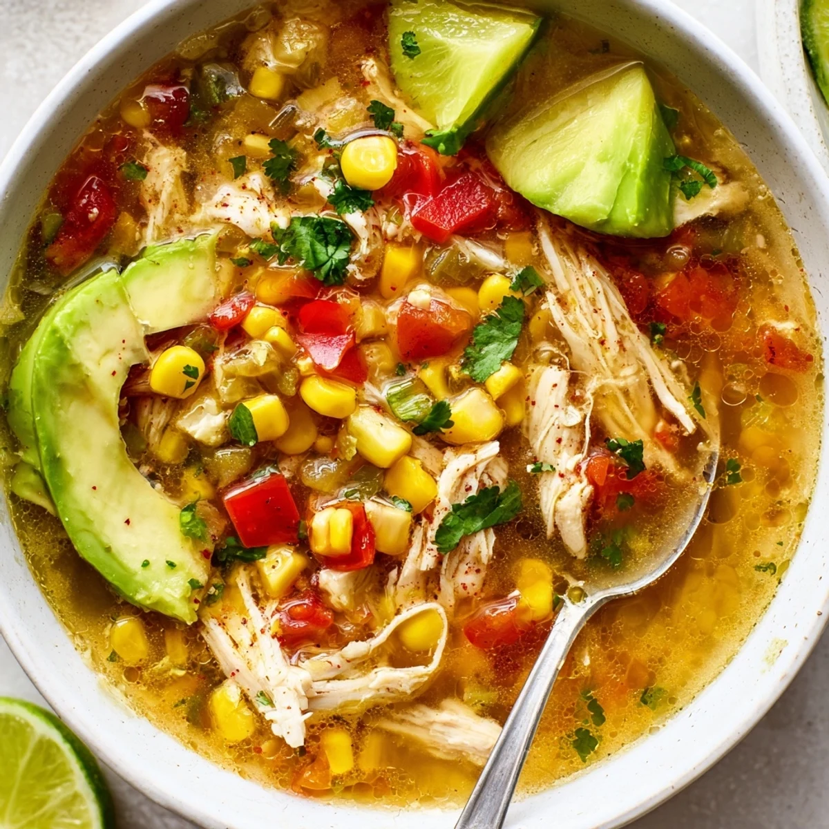 Warm, aromatic Bold Zesty Chicken Lime Soup Recipe served with lime wedges, tortilla strips
