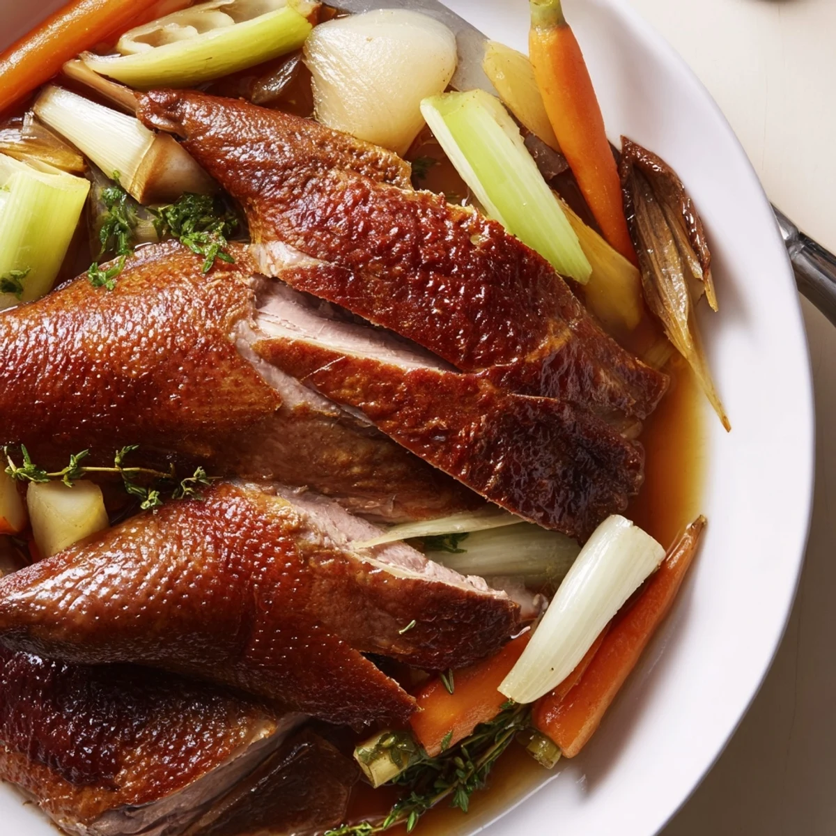 Plate shows crackling skin and thyme beneath Crispy Braised Duck With Savory Vegetables.  