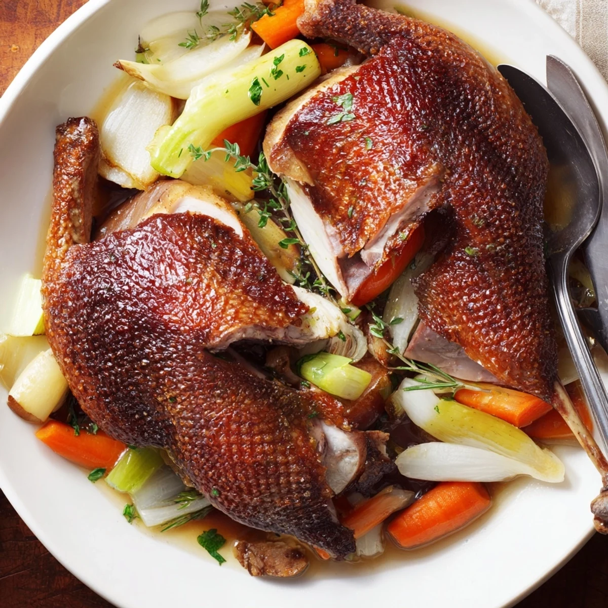 Crispy Braised Duck With Savory Vegetables on a bed of caramelized carrots.  