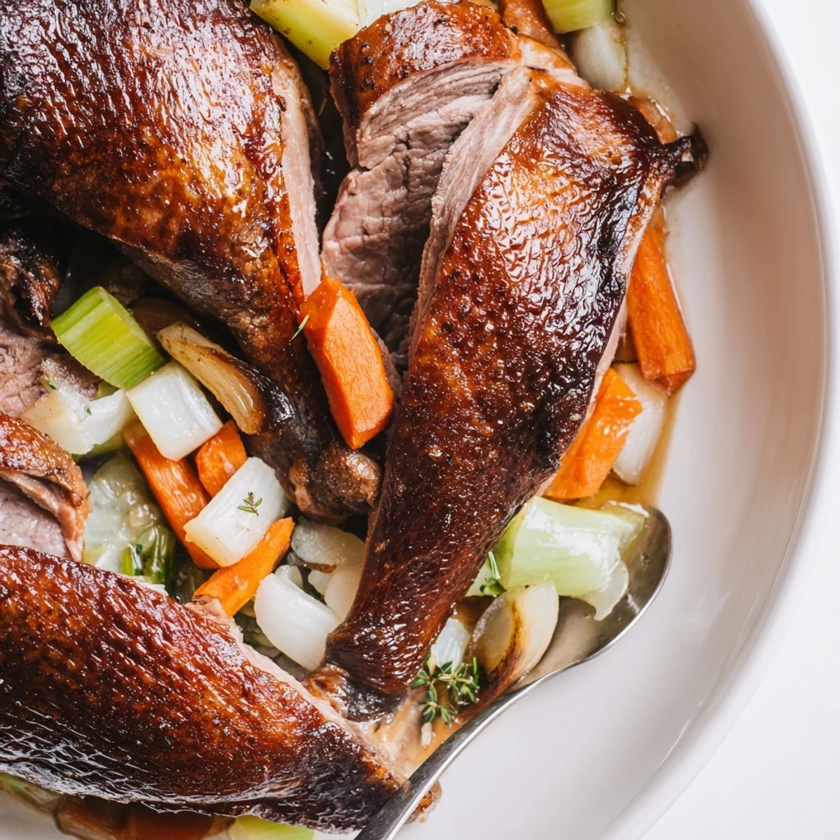 Crispy Braised Duck With Savory Vegetables resting before carving, juices glistening on vegetables.