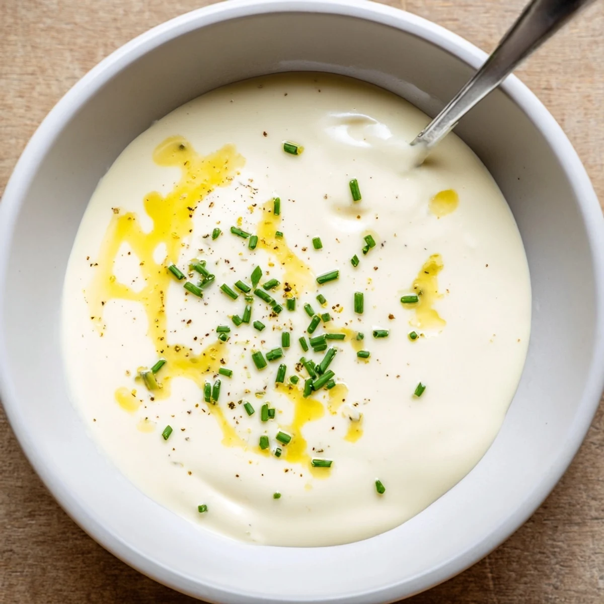 Jar of Creamy Tangy Sauce beside roasted vegetables, silky texture, herby flecks