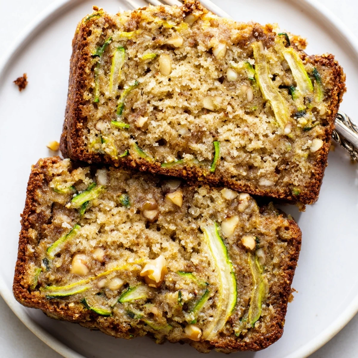 Slice of Zucchini Banana Bread with melted butter, walnuts, served with coffee