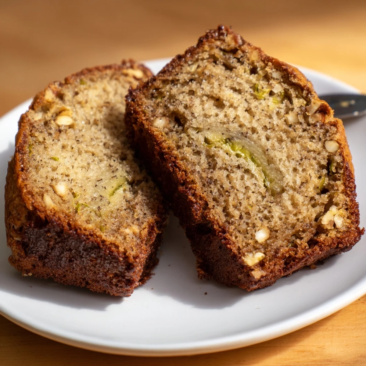 Golden Zucchini Banana Bread loaf fresh from oven, speckled with chocolate chips