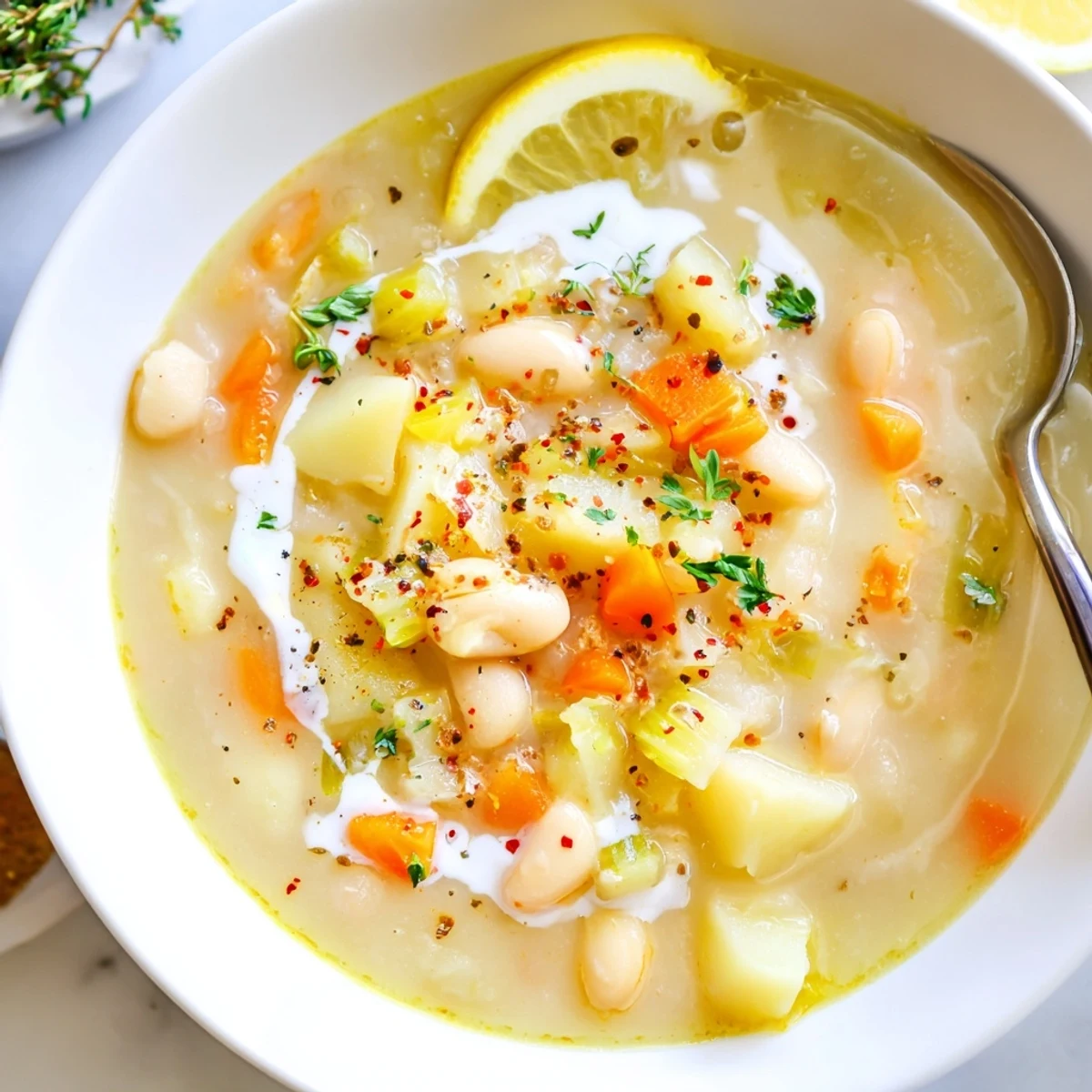 Cozy Lemon White Bean Potato Soup steaming in bowl, creamy with bright lemon.