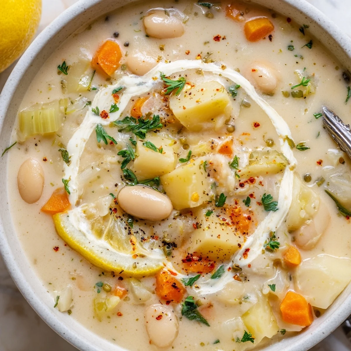 Velvety Cozy Lemon White Bean Potato Soup with chunky potatoes, parsley garnish.